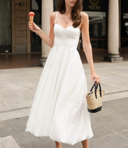 Cotton Sling Balloon Dress Summer Tight Waist Bubble Swing Dress Pure Cotton Dress Women
