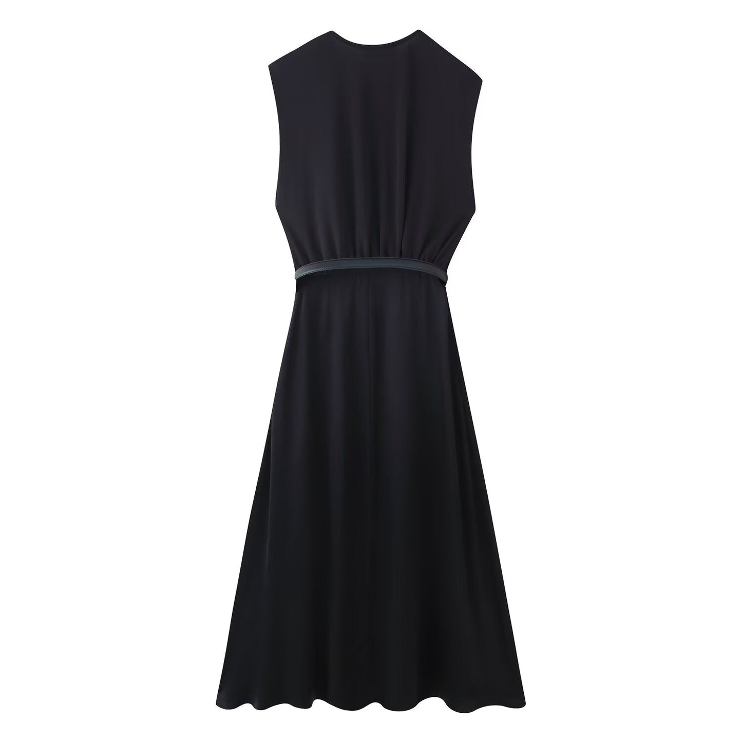 Summer Women Casual Slimming Solid Color V neck with Belt Stitching Midi Dress