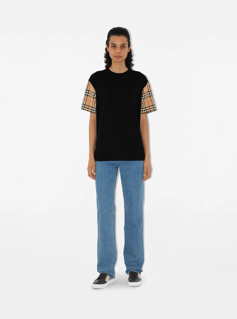 Burberry Women Black T-Shirt With Vintage Check Motif On The Sleeves In Cotton For Women