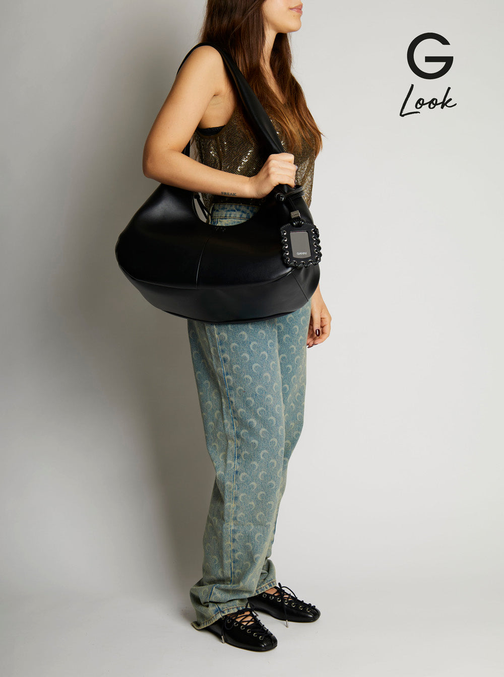 Ganni Women Shoulder Bag 'Bou Bag Hobo Medium' With Shoulder Strap And Removable Black Leather Logo Patch For Women