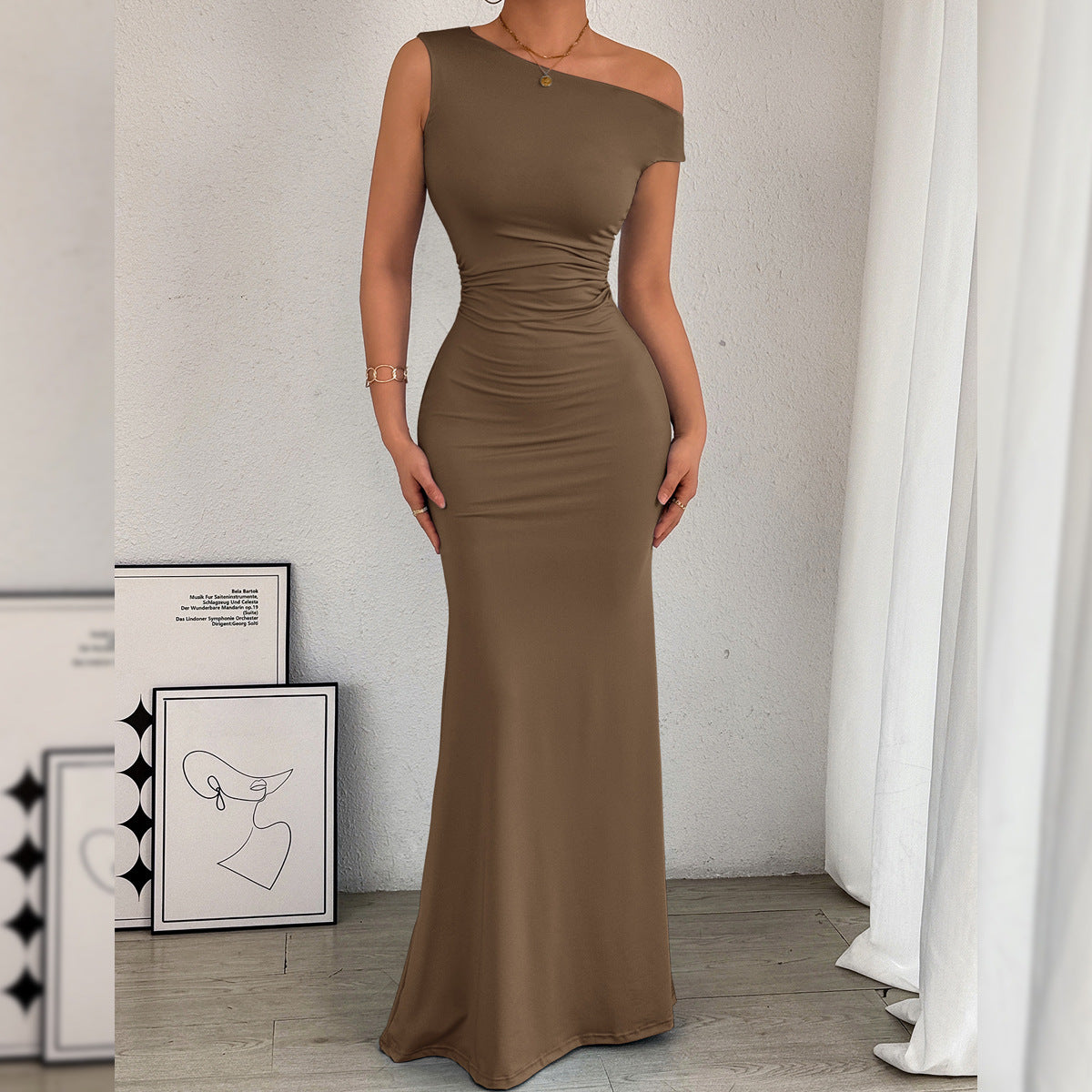 Women Fishtail Dress Slant Shoulder Collar Waist Pleated Sleeveless Sexy Dress