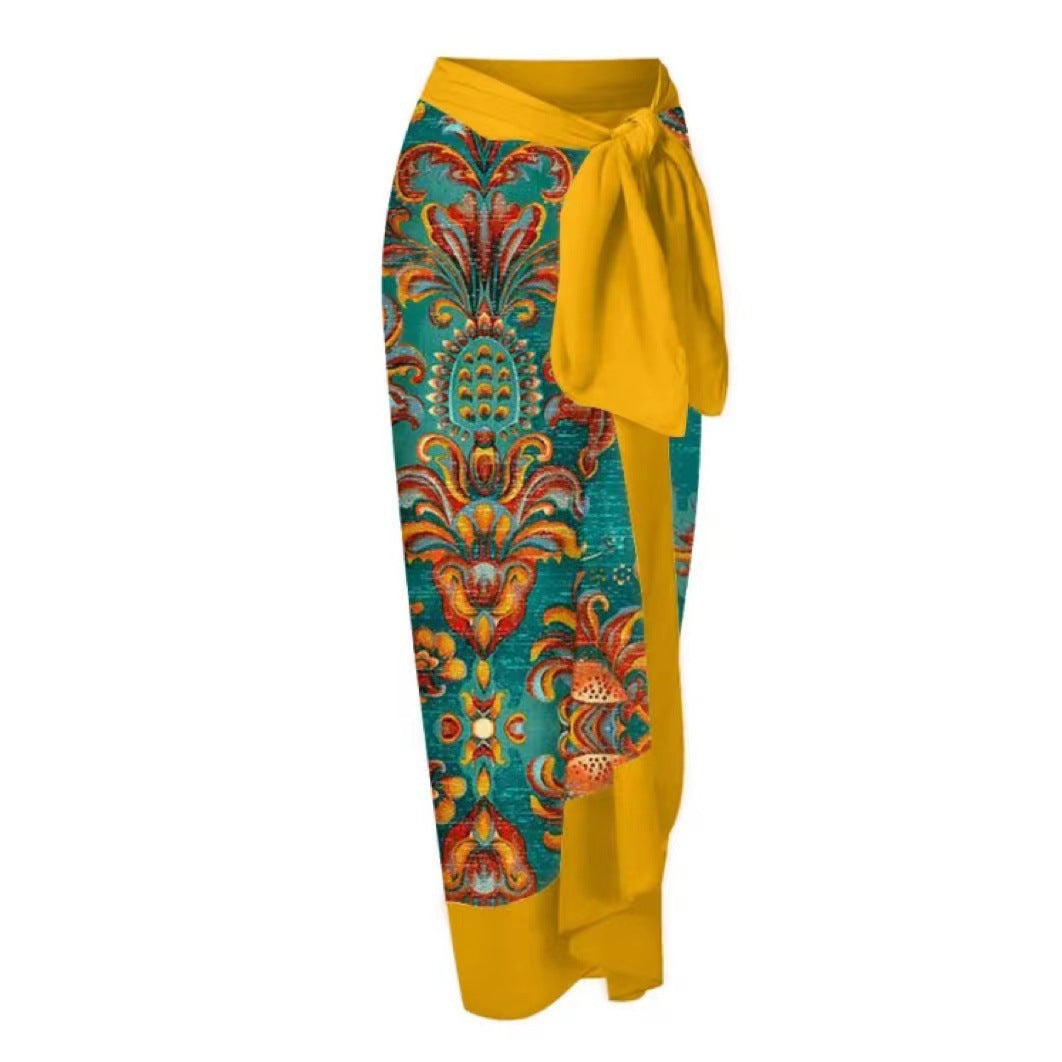 Two Piece Swimsuit Vintage Print Flab Hiding Slimming Sun Protective Beach Dress Swimsuit