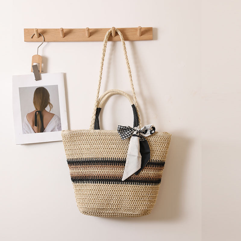 Striped Shoulder Straw Bag Silk Scarf Woven Tote Women Seaside Vacation Beach Bag