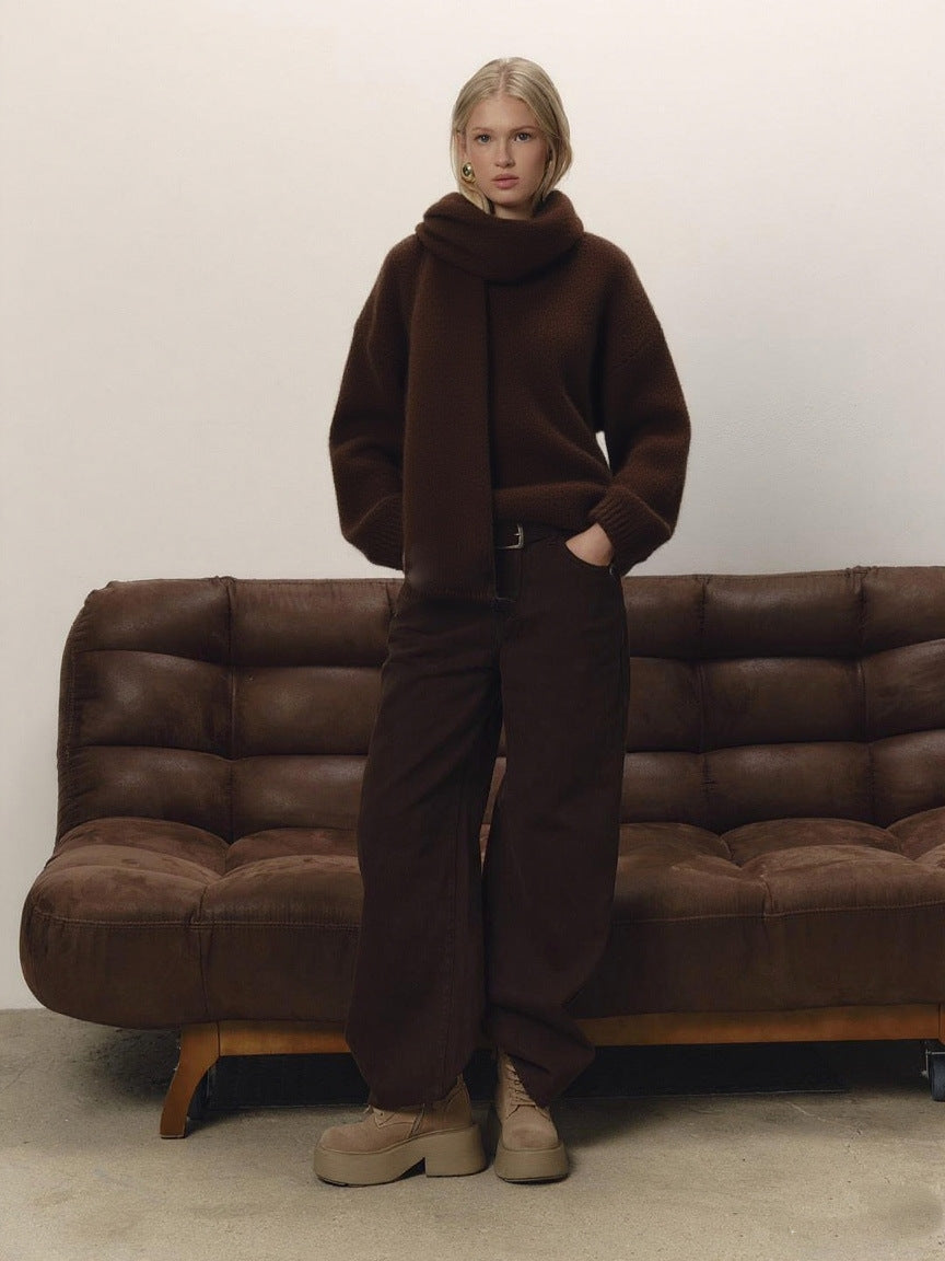 Loose Lazy Soft Wool Sweater Women Autumn Winter Pullover Loose Sweater Scarf Set