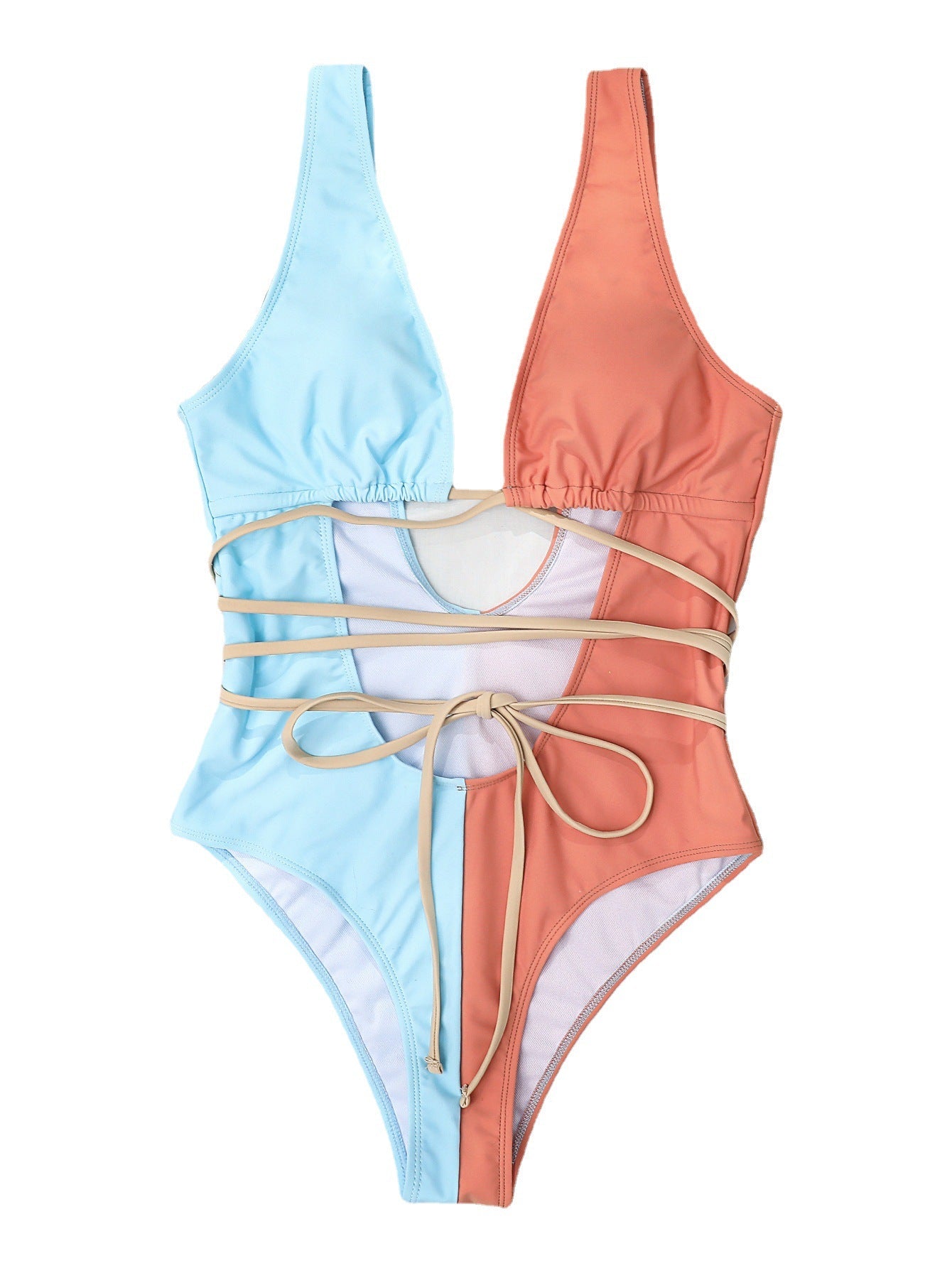 Color Matching Waist Hollow Out Cutout out Tied One-Piece Backless Sexy Bikini Swimsuit Swimwear Women