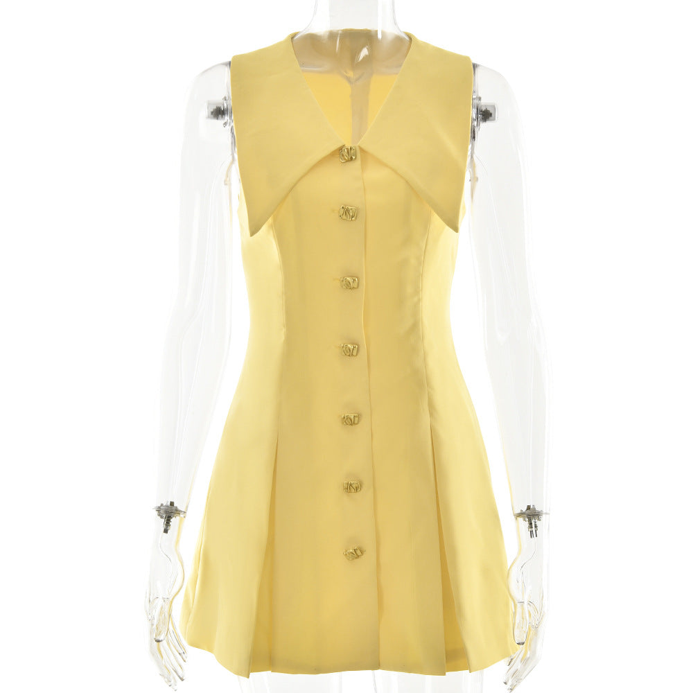 Summer Elegant Collared Sleeveless Waist A line Dress Single Breasted Waist Dress