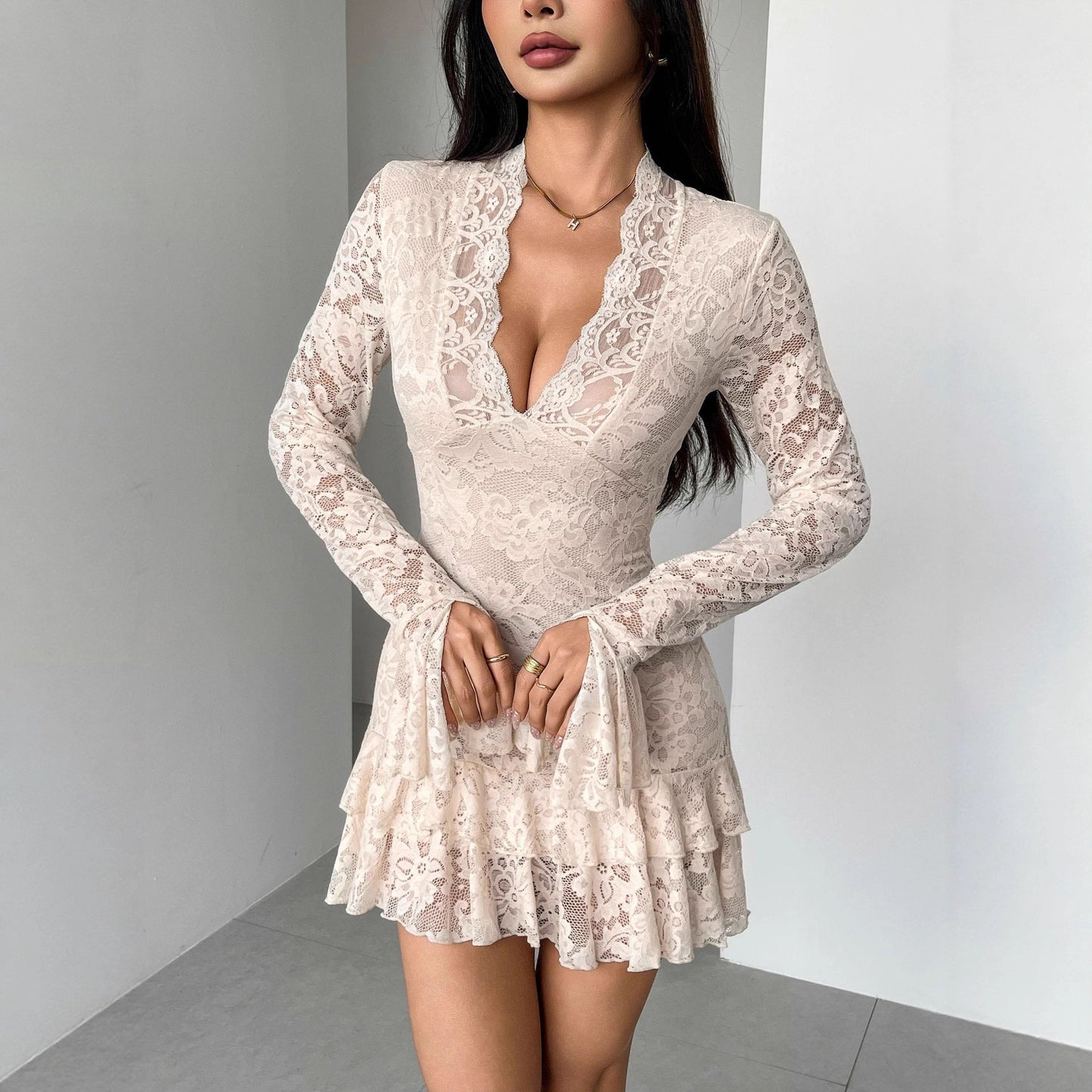 Autumn Winter Lace V neck Double Layer Ruffled Slim Fit Sheath Dress