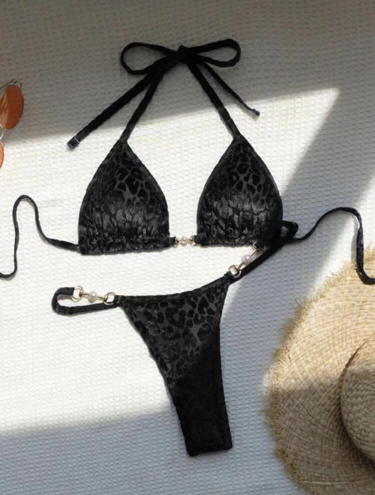 Sexy T Shaped Pearl Leopard Special Fabric Swimwear Swimsuit Bikini