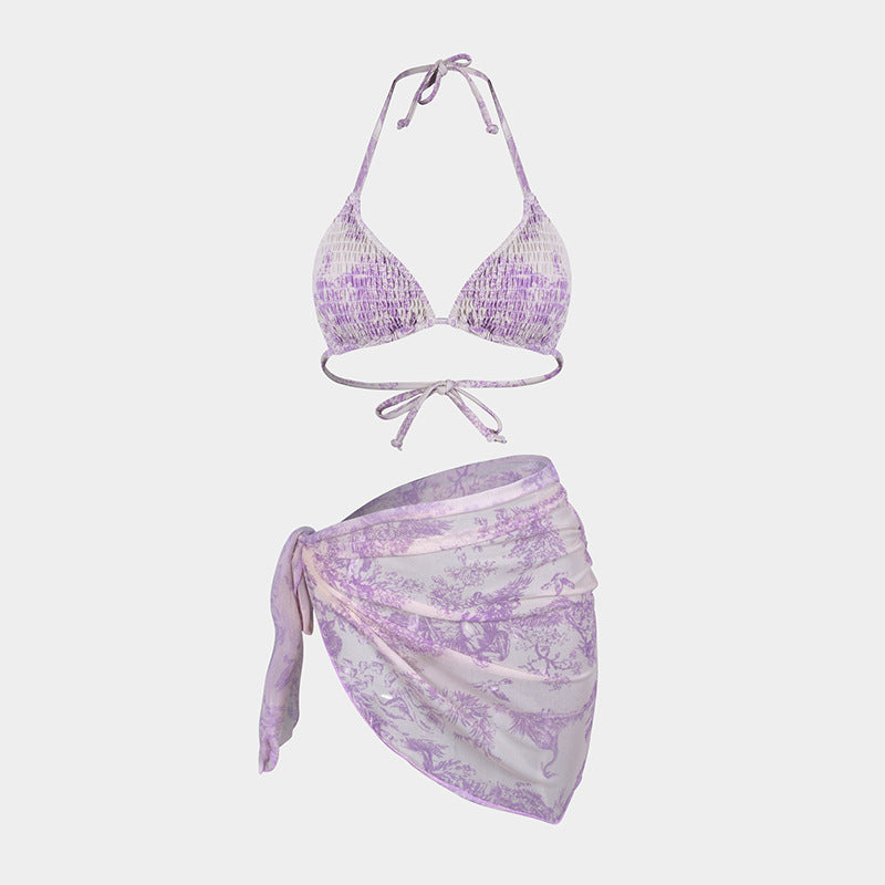 Printed Bikini Three Piece Gauze Skirt Split Sexy Vacation Bikini Swimsuit