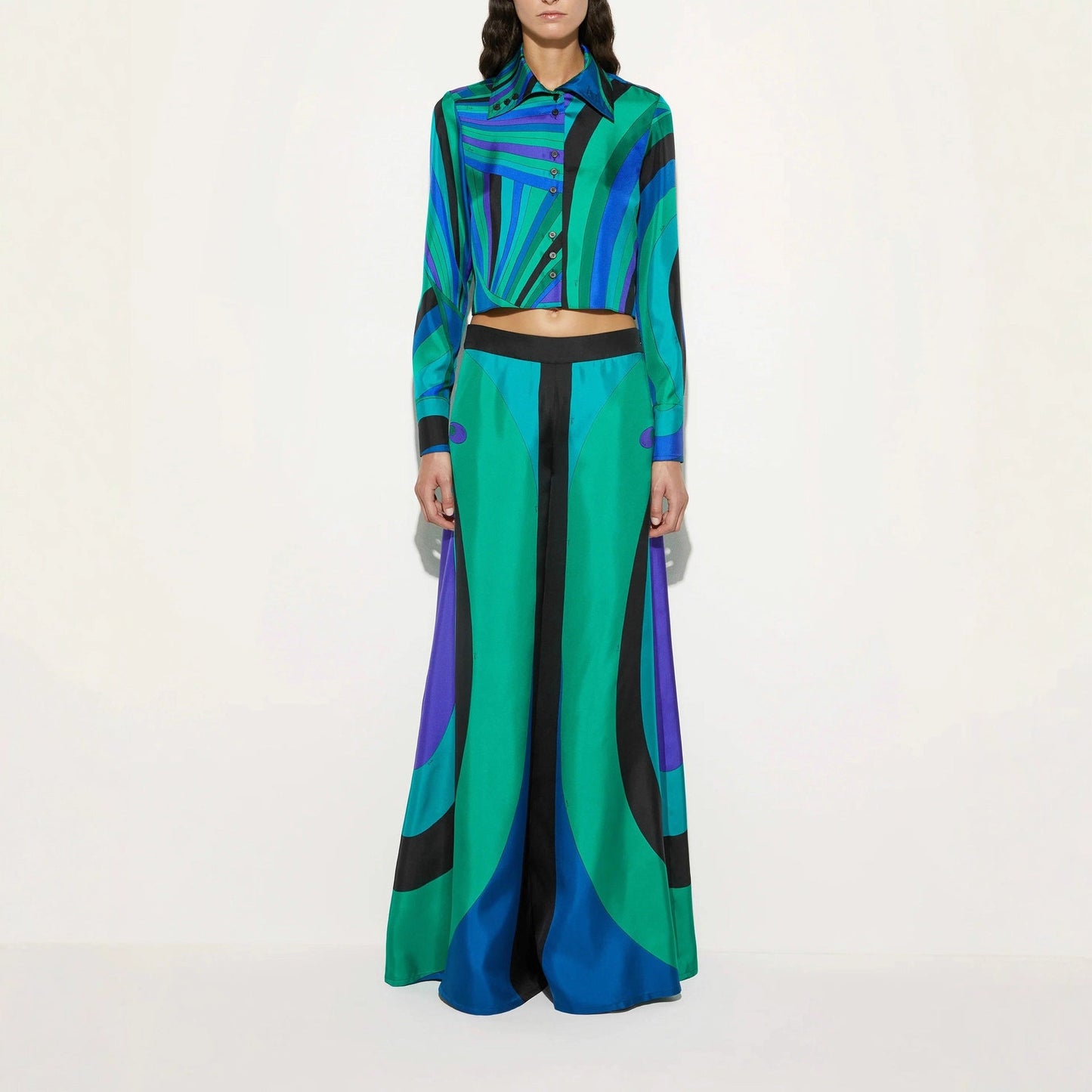 Positioning Printing Satin Long Sleeve Shirt Trousers Wide Leg Pants Two Piece Sets