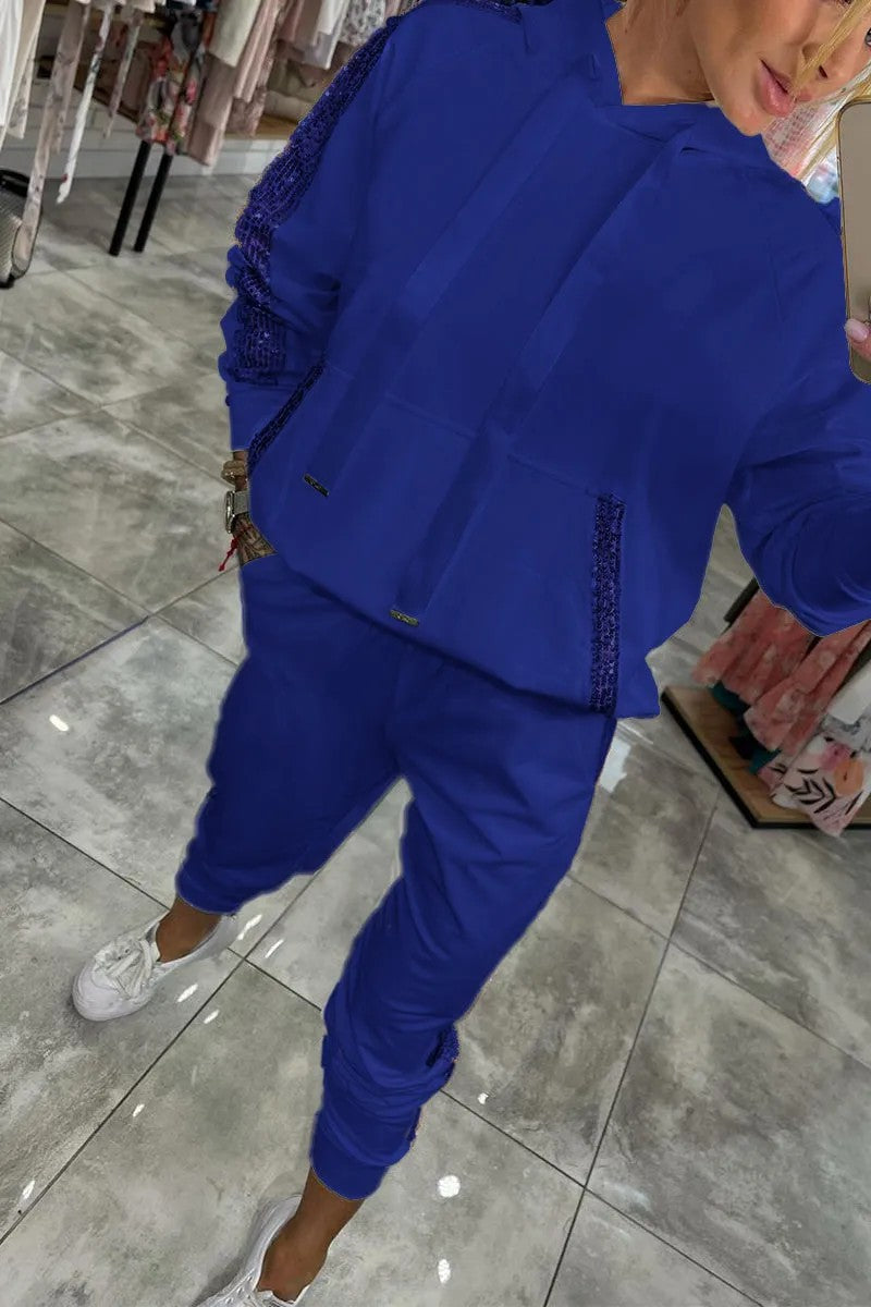 Casual Sequin Pocket Sports Hooded Sweatshirt Sweatpants Suit