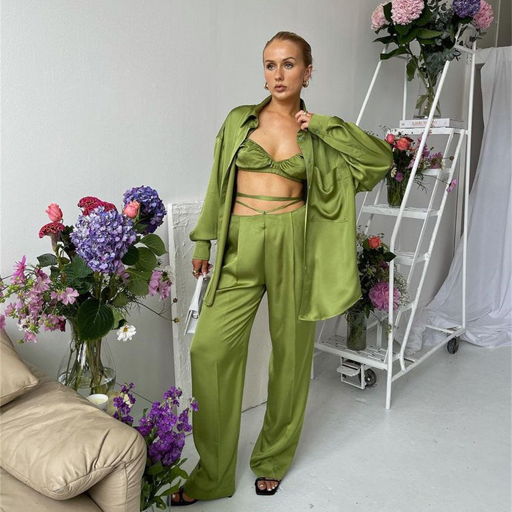 Sexy Women Wear Spring Summer Casual Vacation Three Piece Suit Satin Shirt Vest Straight Leg Pants Suit