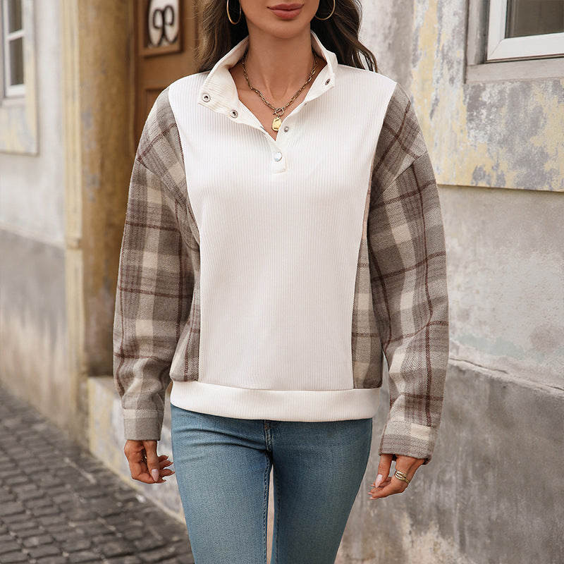 Autumn Winter Casual Retro Half Open Collar Plaid Stitching Loose Sweater