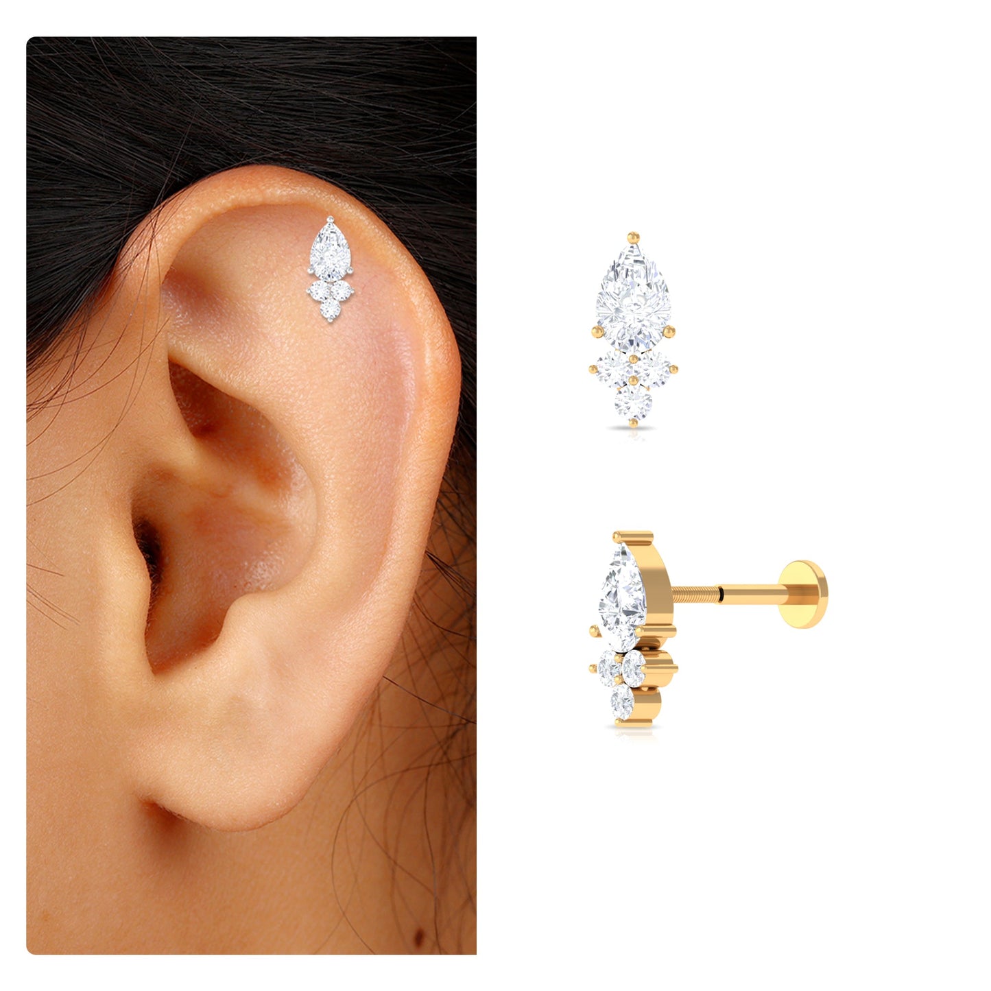 Pear and Round Moissanite Cluster Cartilage Earring
