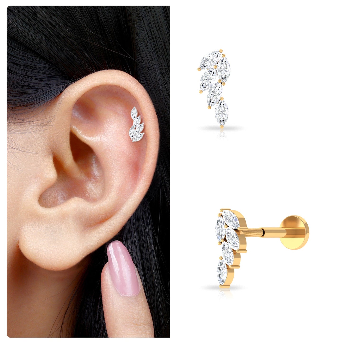 Marquise Moissanite Leaf Earring for Helix Piercing