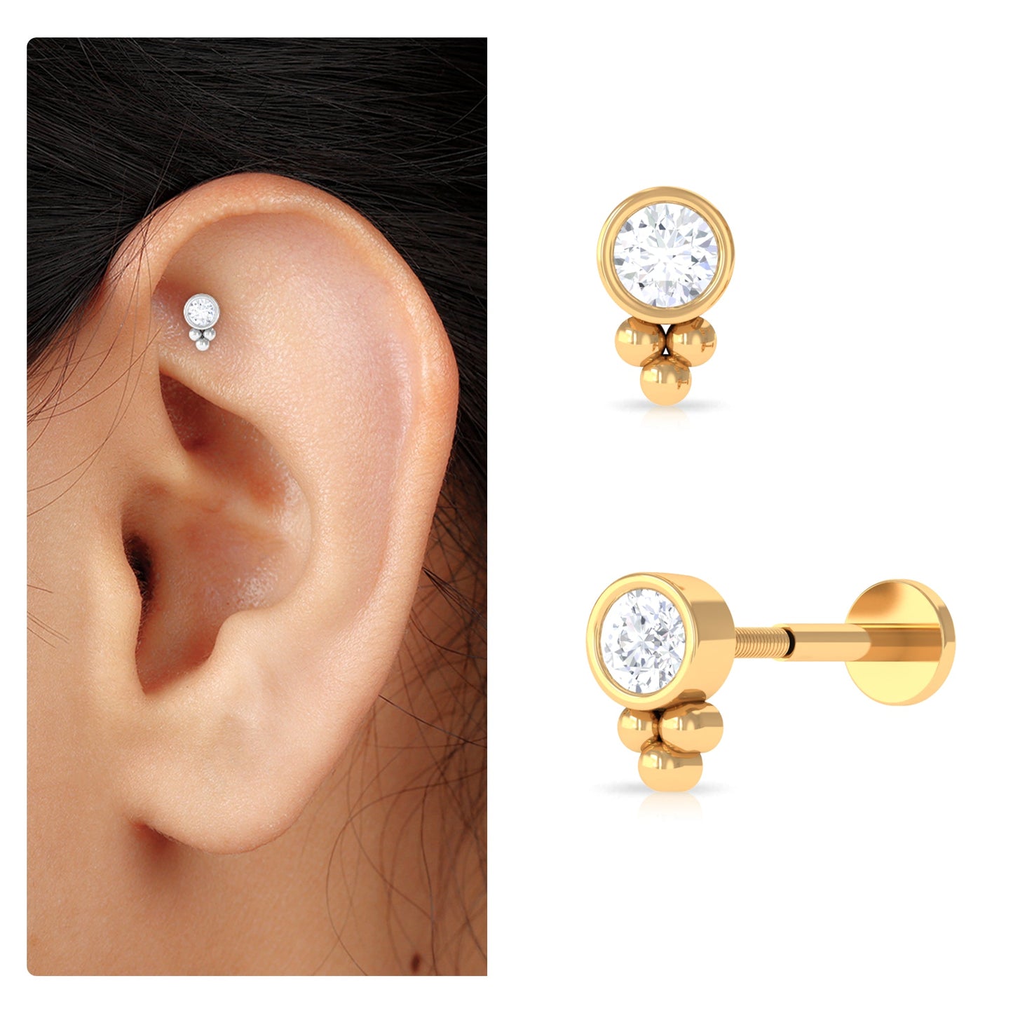 Minimalist Moissanite Beaded Helix Earring in Bezel Setting