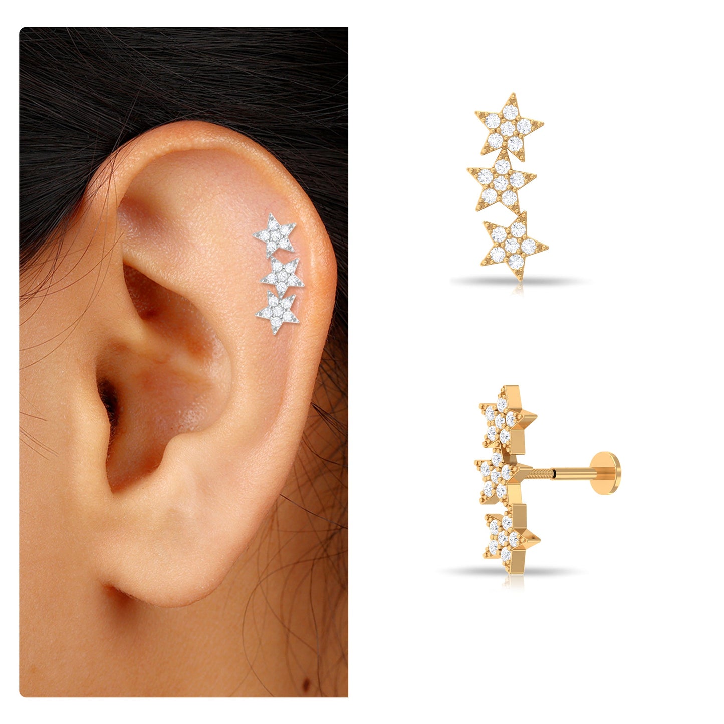 Diamond 3 Star Crawler Earring for Cartilage Piercing