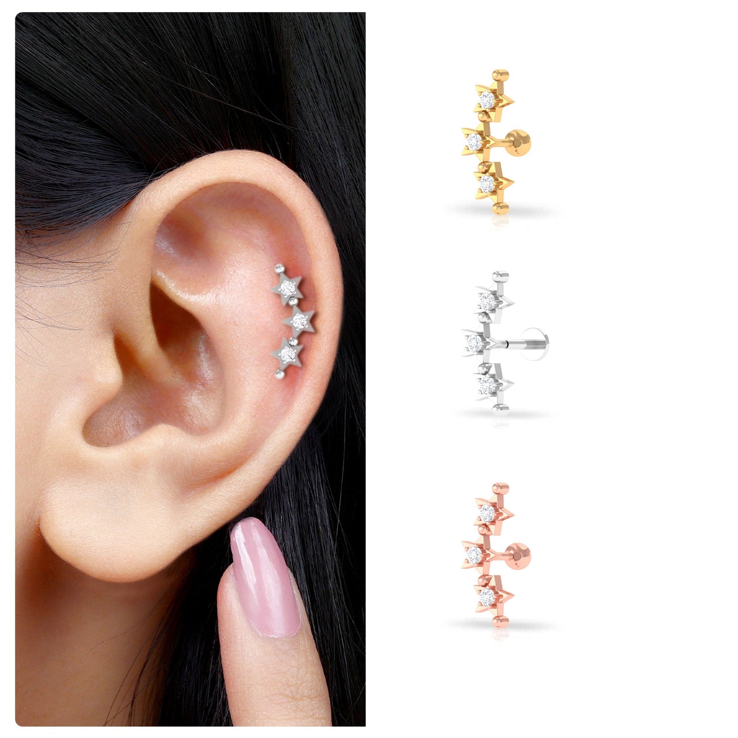Moissanite Triple Star Ear Climber Earring