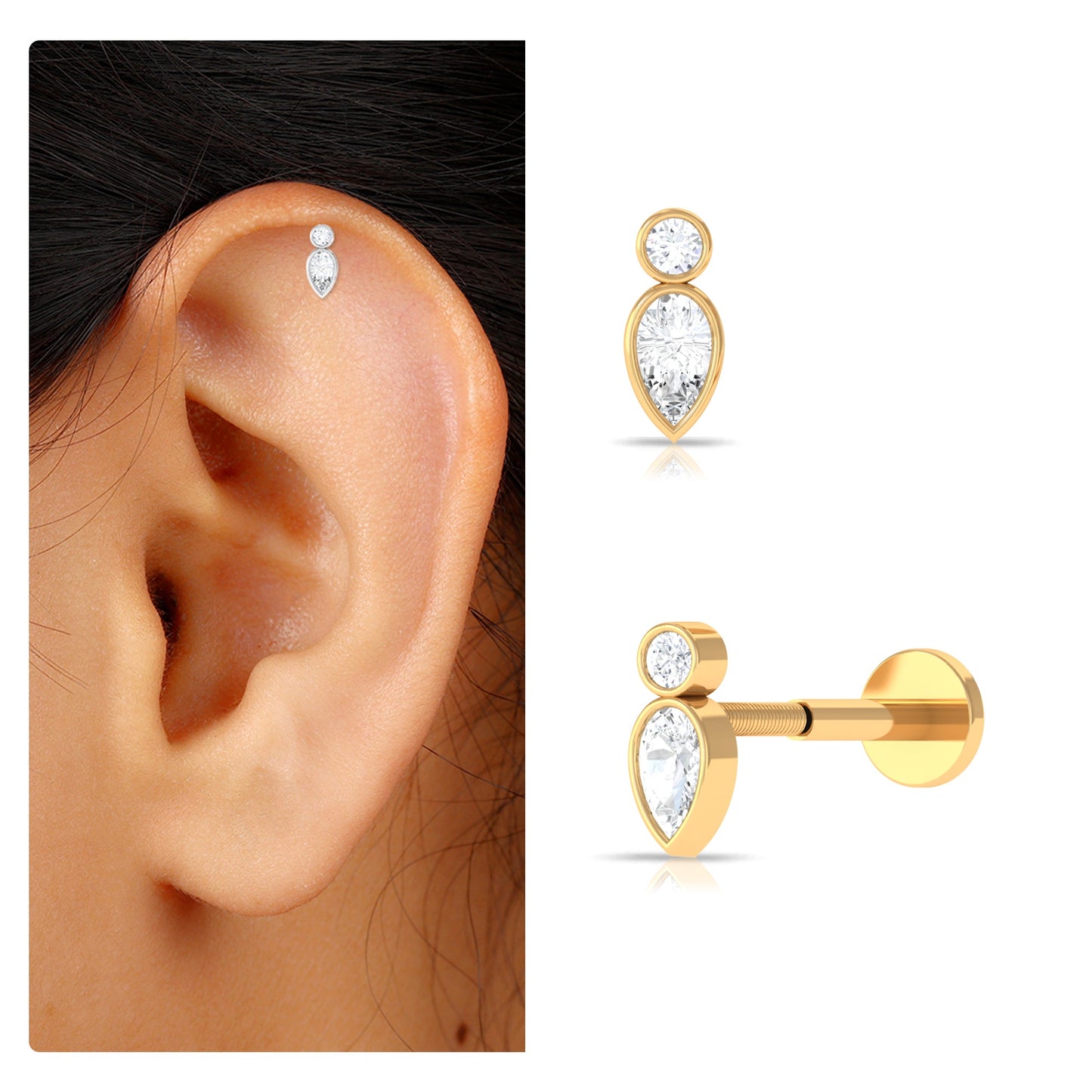 Dainty Pear and Round Cut Moissanite Tragus Earring