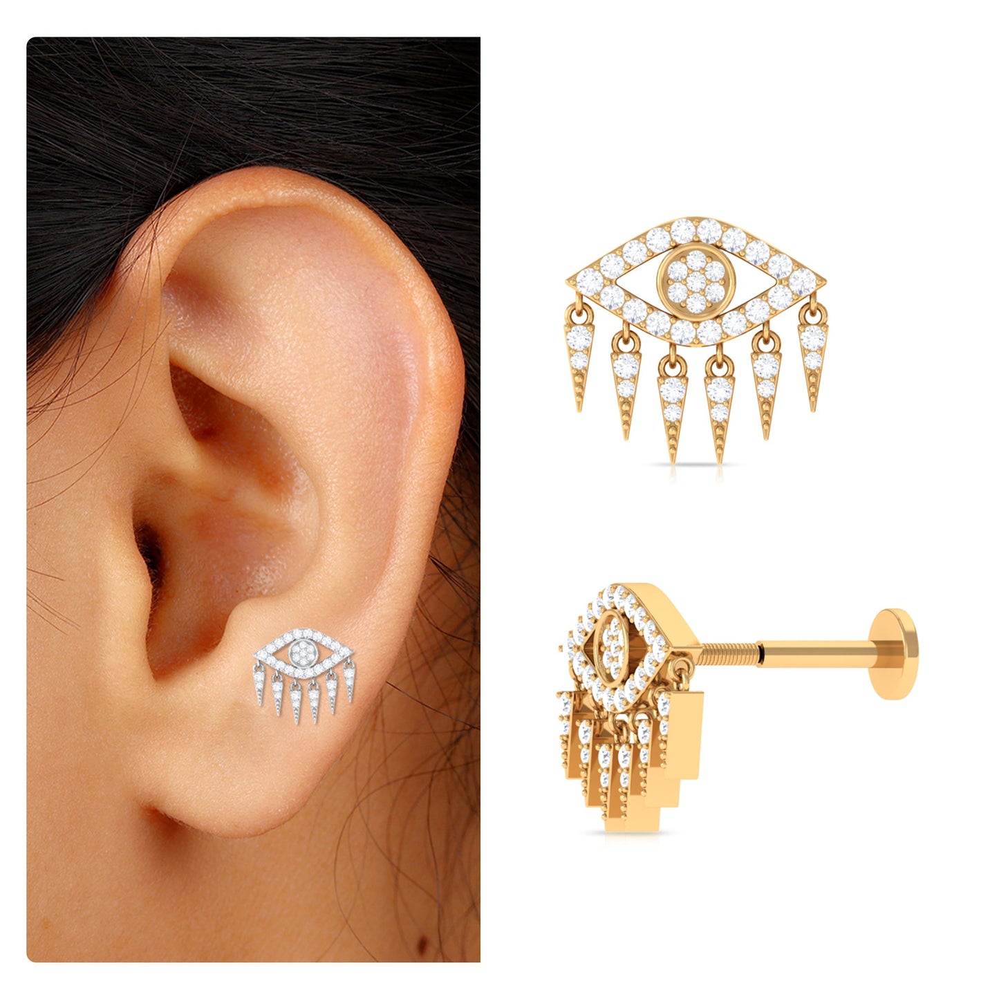 Unique Moissanite Evil Eye Earring for Cartilage Piercing