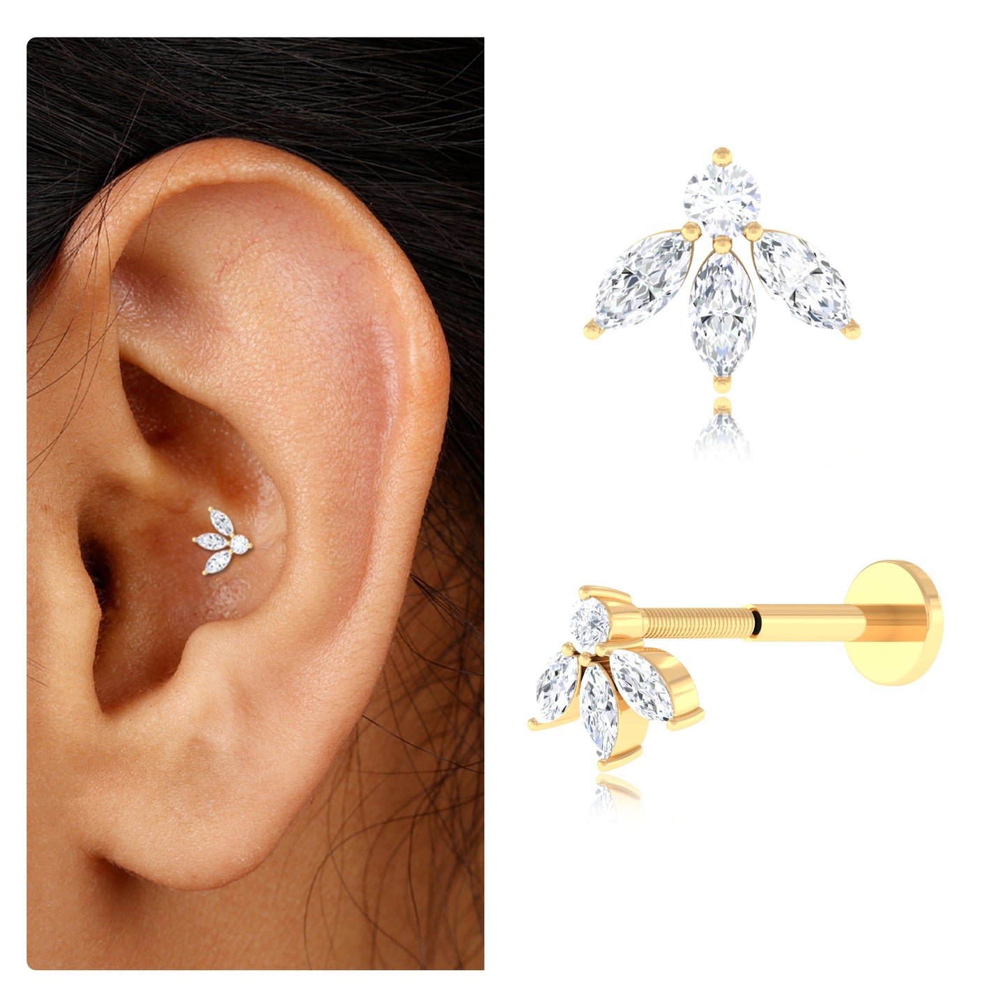 Marquise Shape Diamond Leaf Earring for Helix Piercing