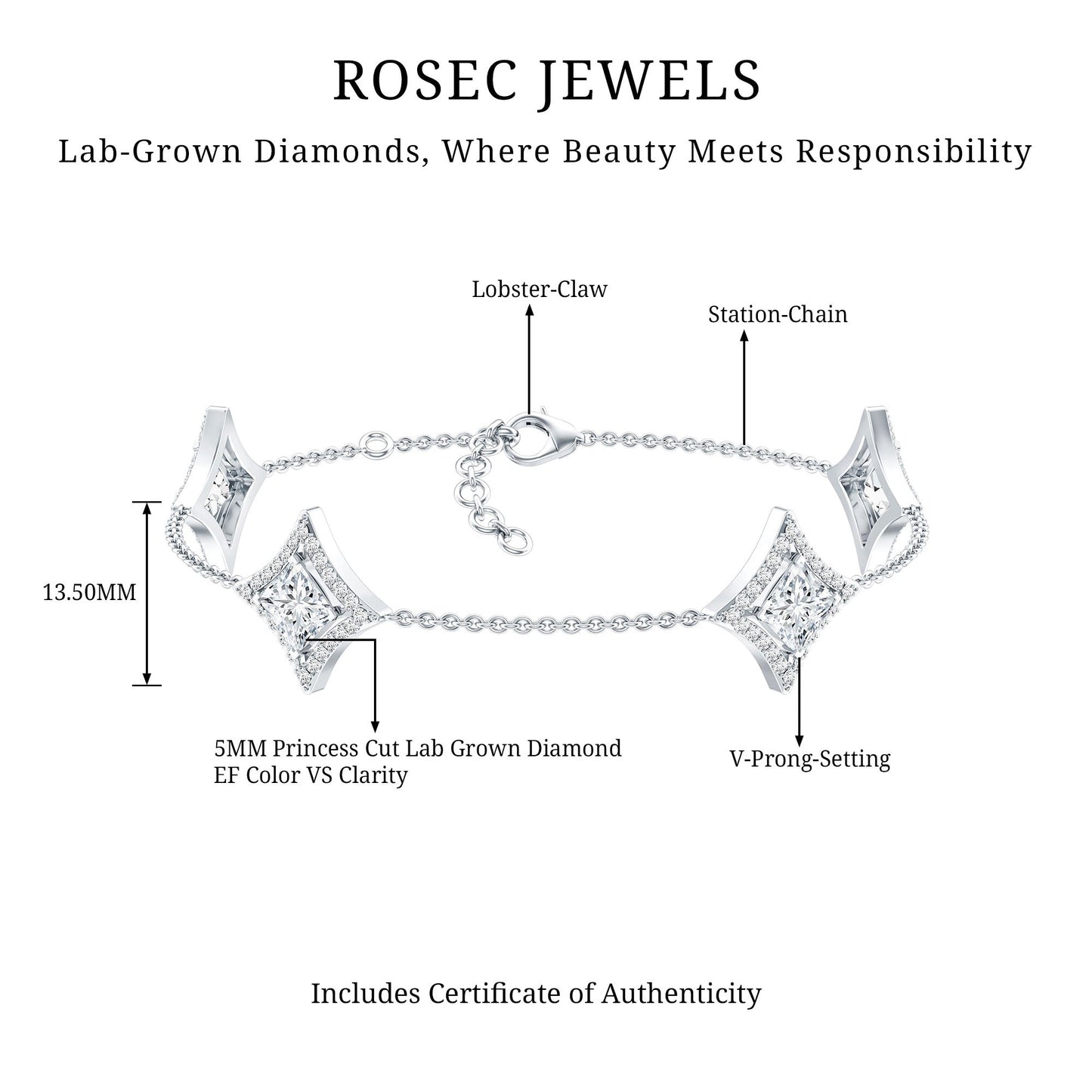 Certified Princess Cut Lab Grown Diamond Bridal Bracelet