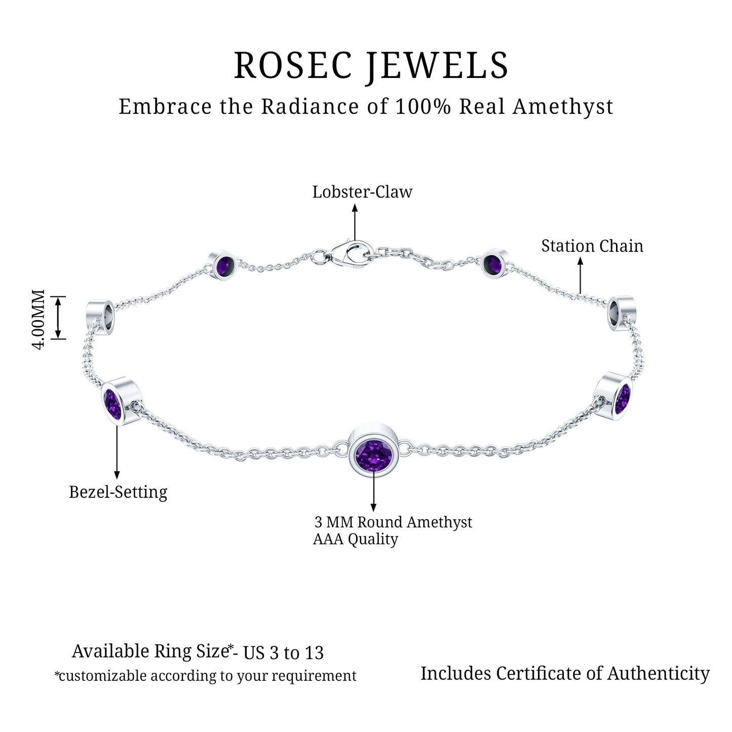 Real Amethyst Chain Bracelet in Bezel Setting