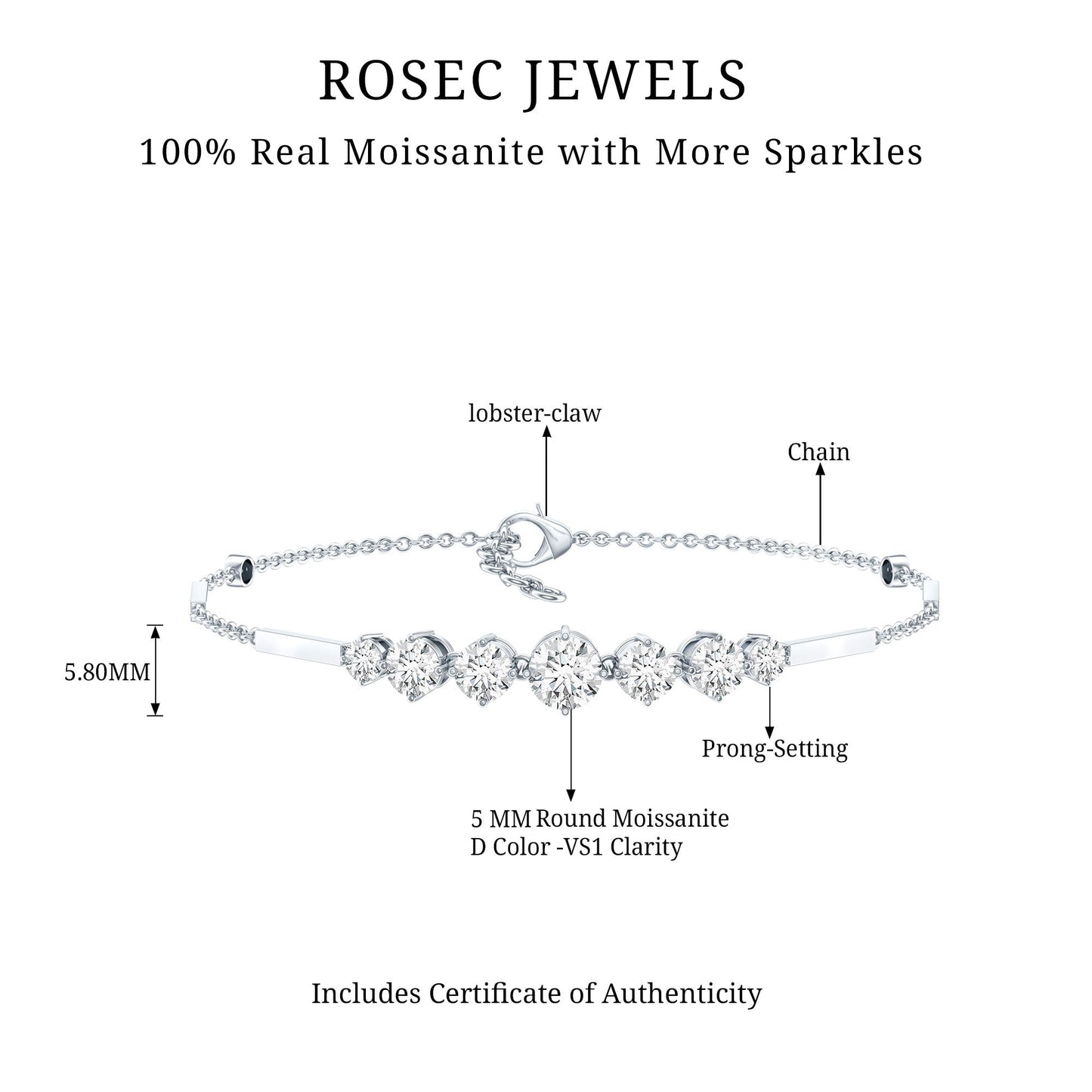 Round Moissanite Link Chain Bracelet for Women