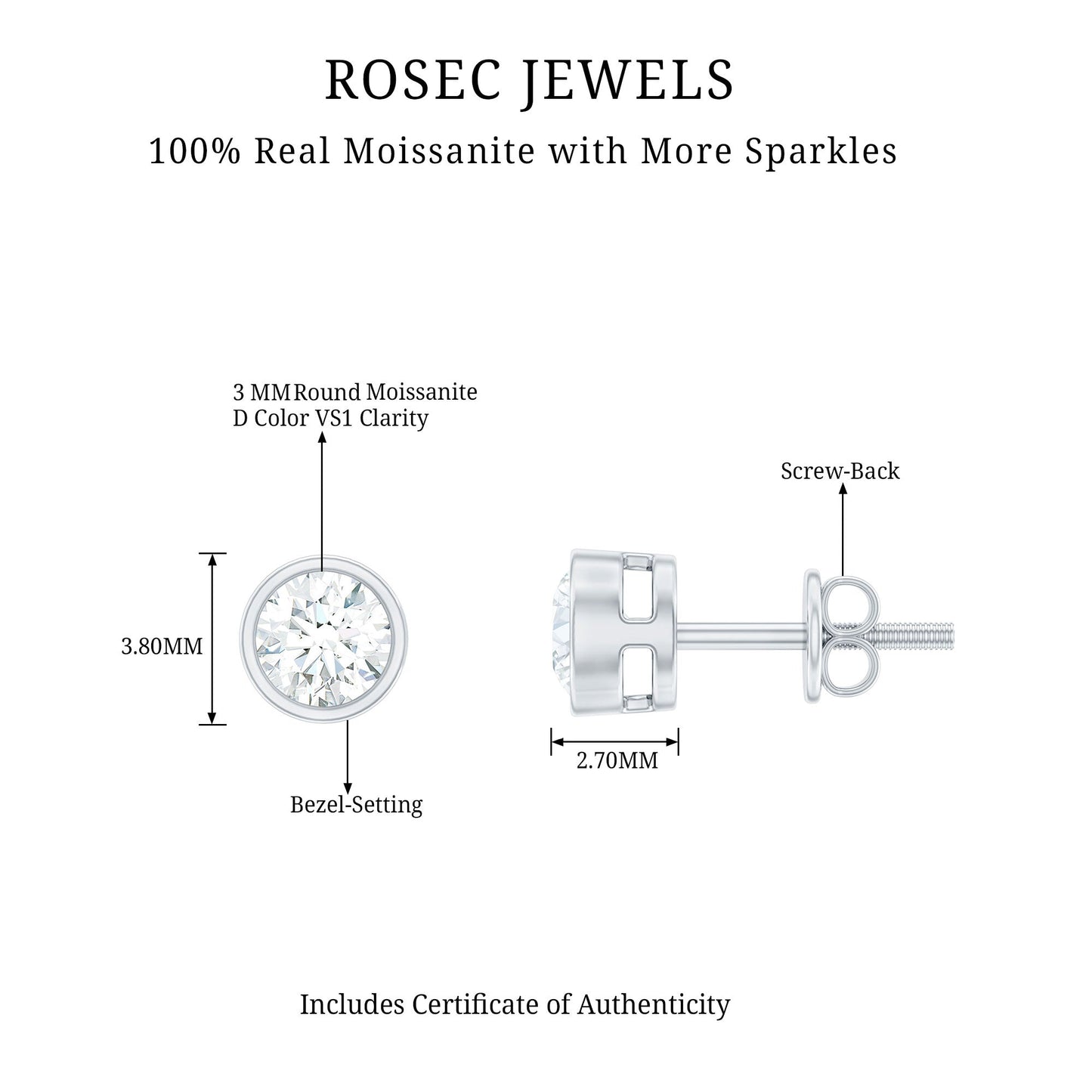 Dainty Moissanite Solitaire Stud Earrings in Bezel Setting