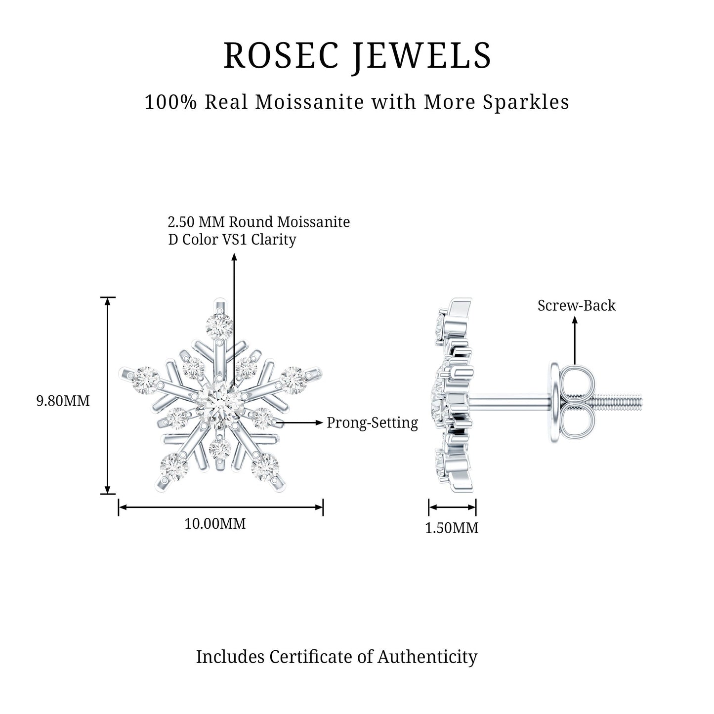Certified Moissanite Snowflake Stud Earrings for Women