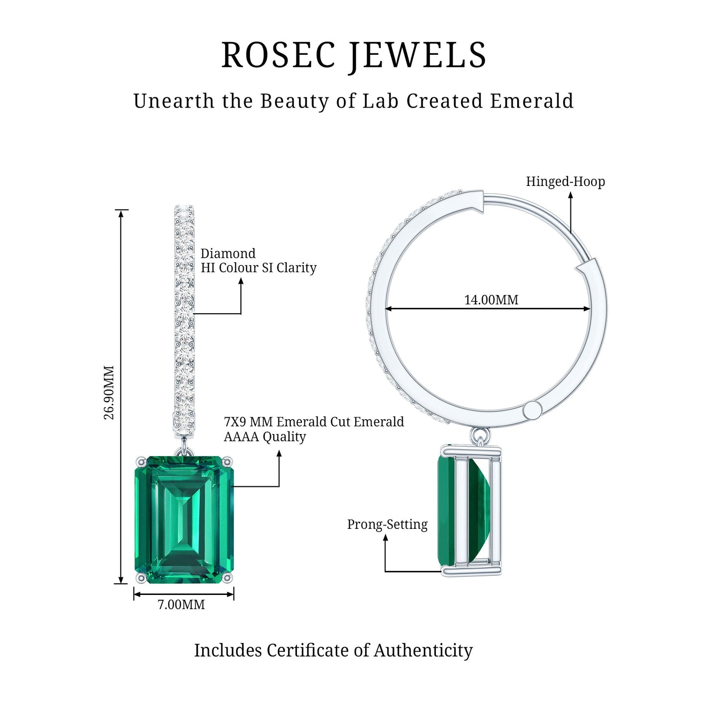 4.6 CT Lab Grown Emerald Hoop Dangle Earrings with Diamond