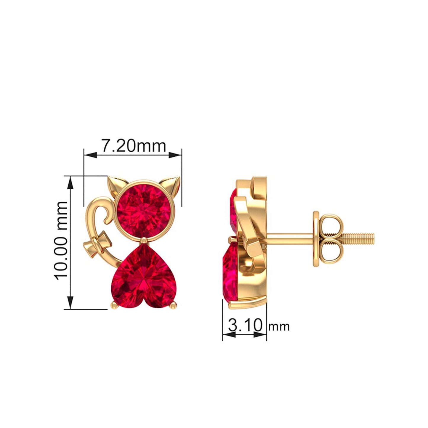 Kitty Stud Earrings with Round and Heart Shape Created Ruby