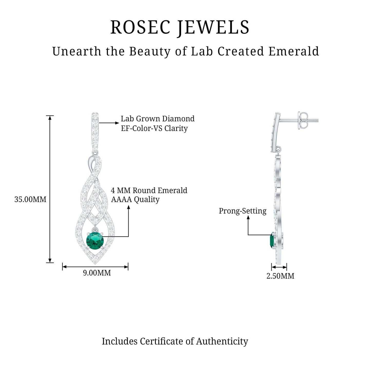 Certified Lab Grown Emerald Dangle Earrings with Diamond Accent