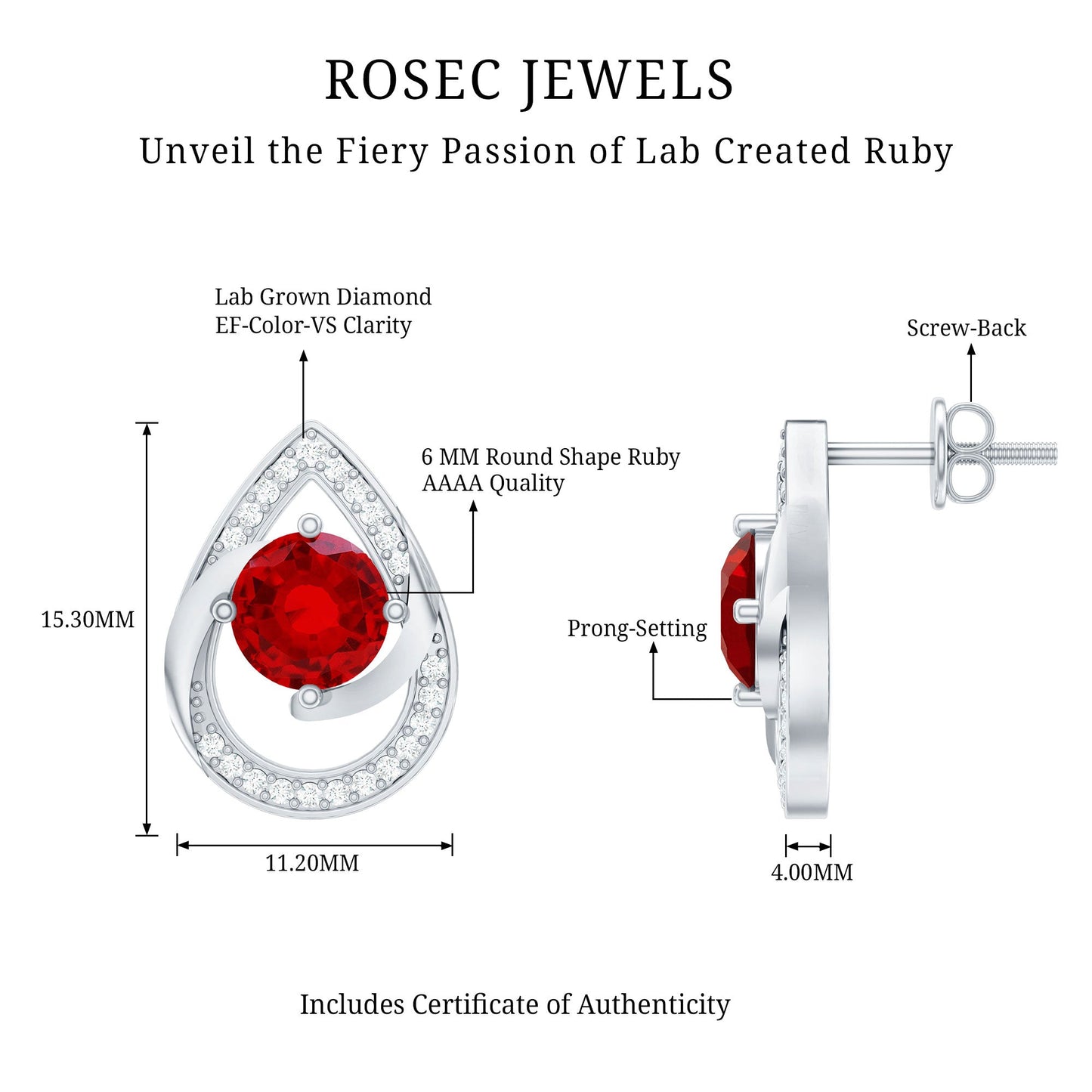 Lab Grown Ruby Teardrop Stud Earrings With Diamond