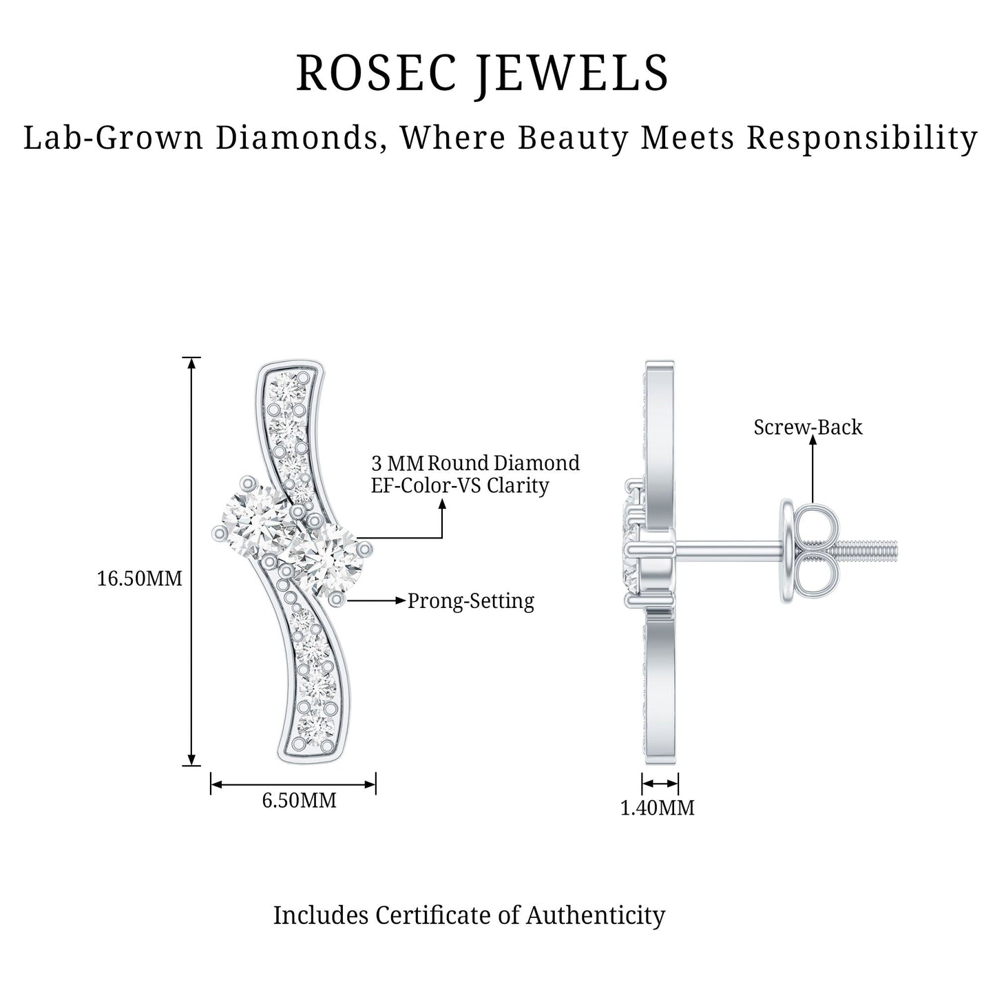 Lab Grown Diamond Two Stone Stud Earrings With Screw Back