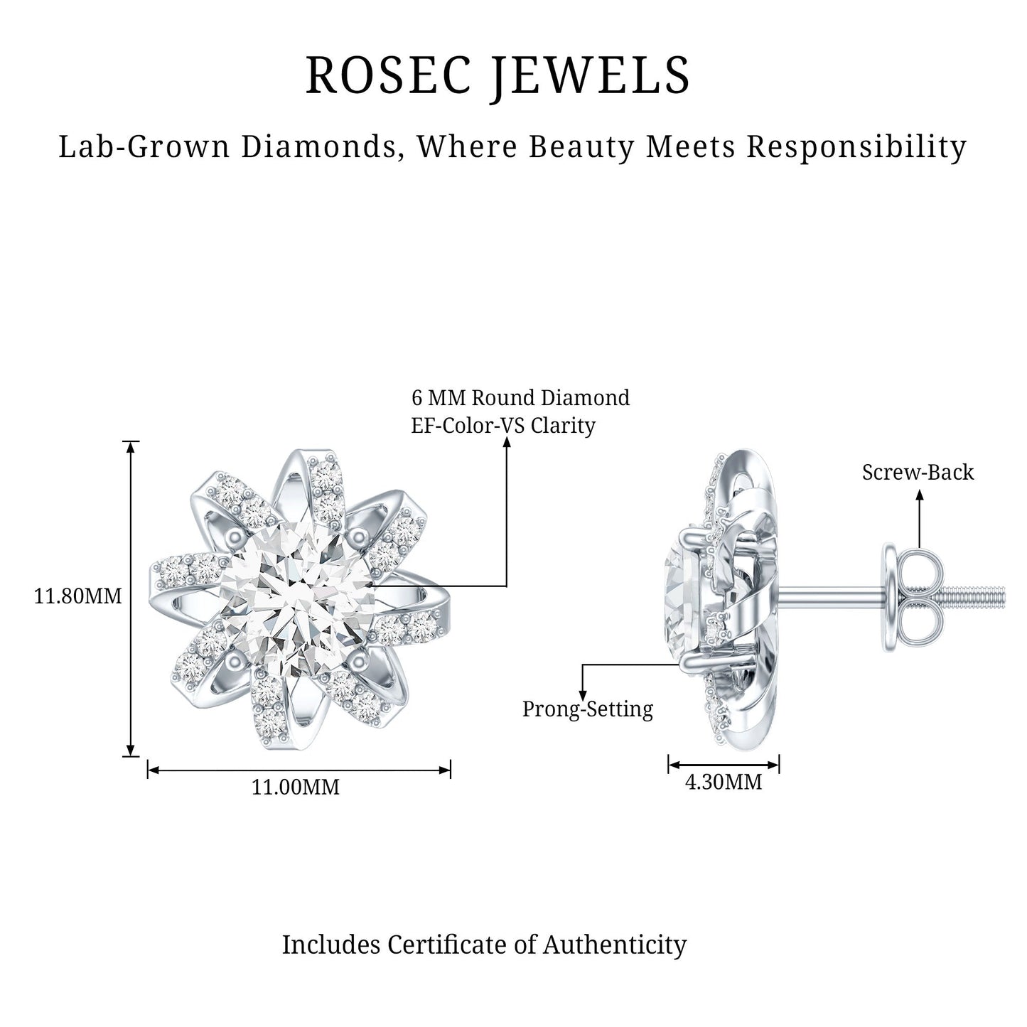Lab Grown Diamond Round Solitaire Stud Earrings with Screw Back