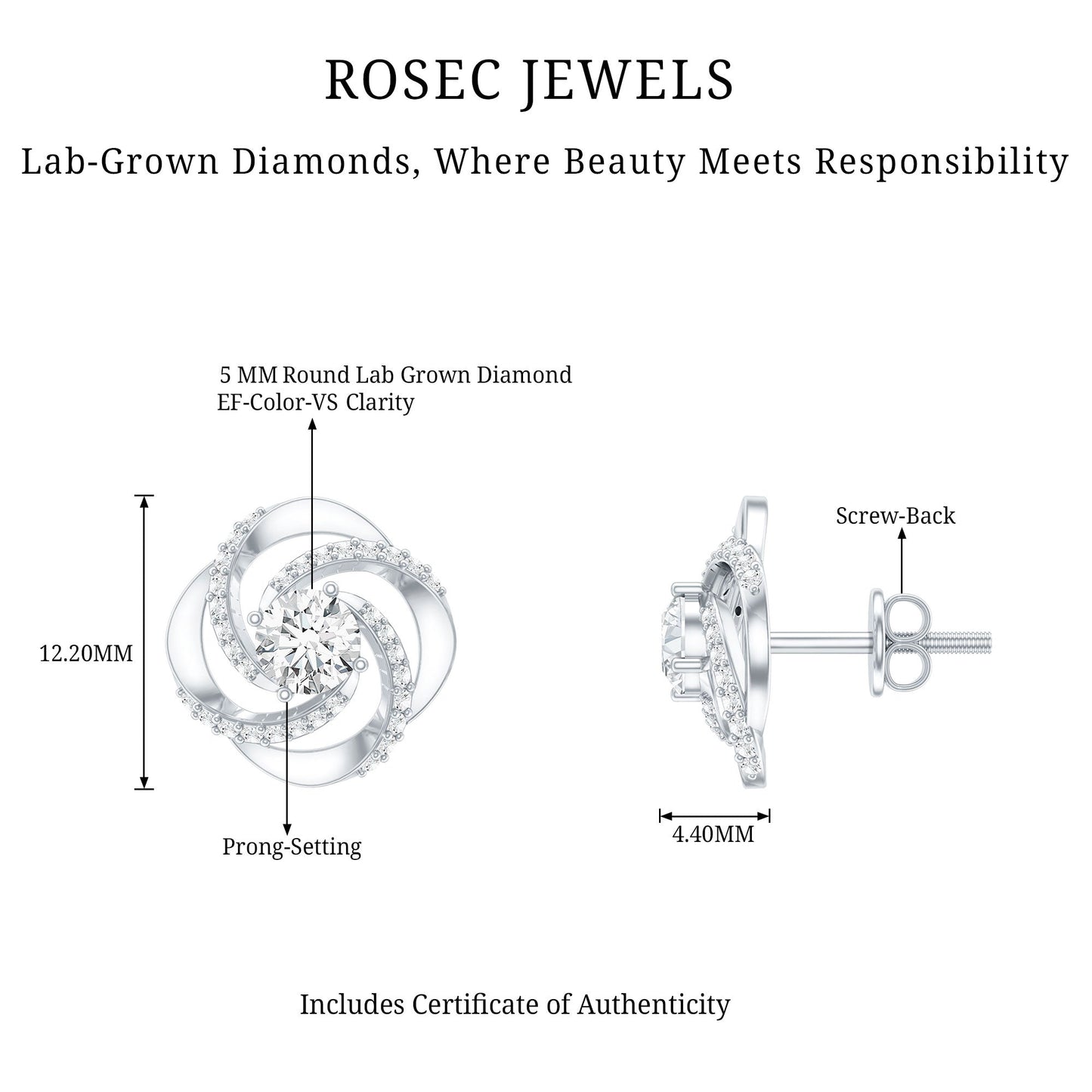 Certified Lab 0.9 Carat Round Diamond Swirl Stud Earrings