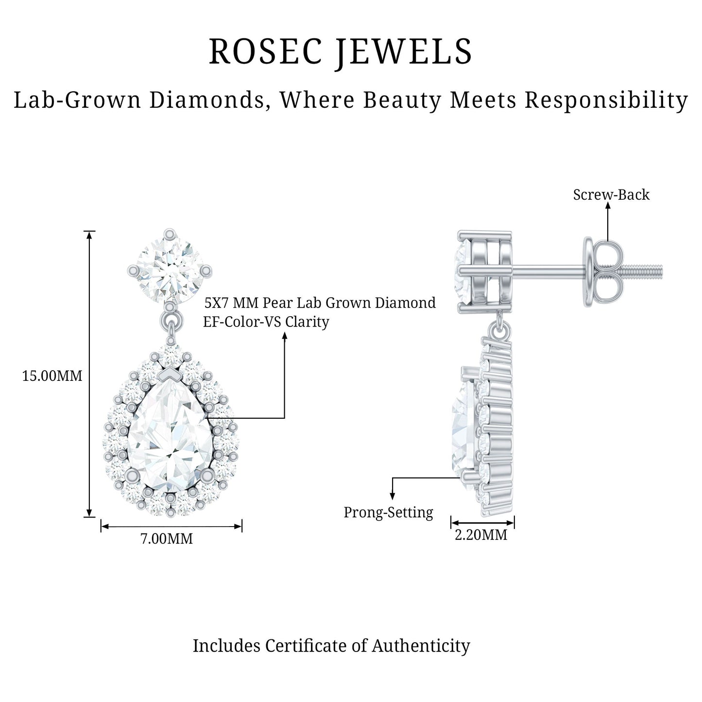 Lab 1.3 Carat Pear Shaped Diamond Bridal Drop Earrings