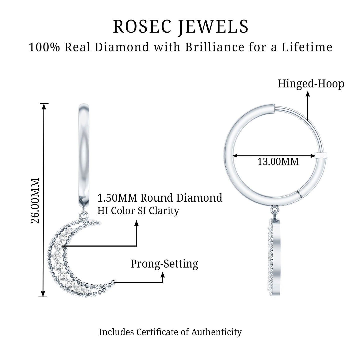 Certified Diamond Moon Drop Hoop Earrings