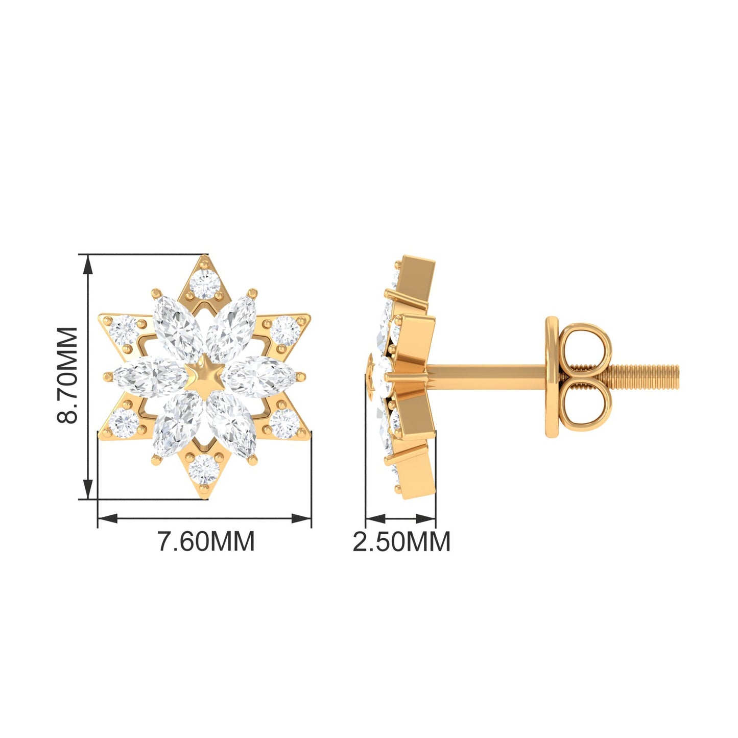 Round Diamond Flower Stud Earrings With Screw Back