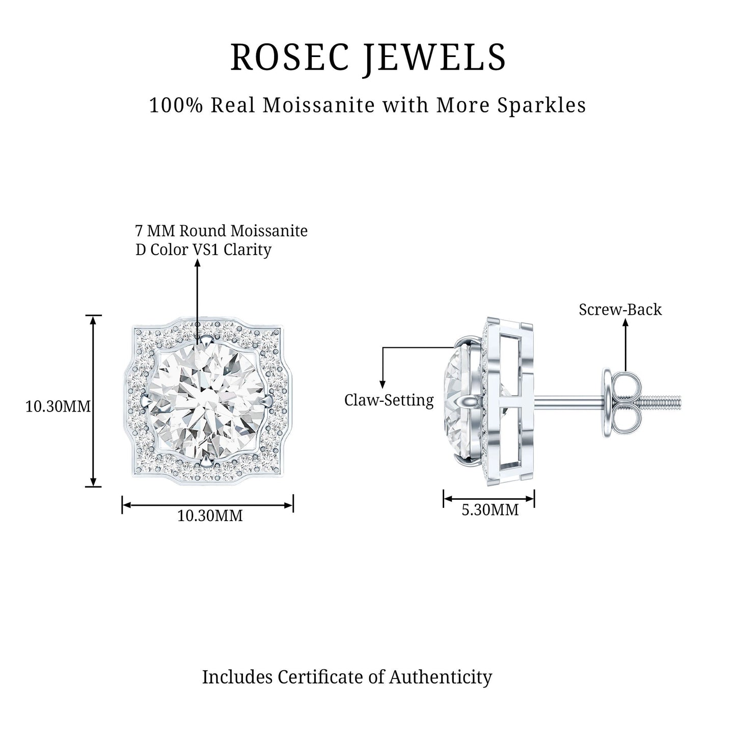 Certified Moissanite Bridal Stud Earrings with Halo for Women