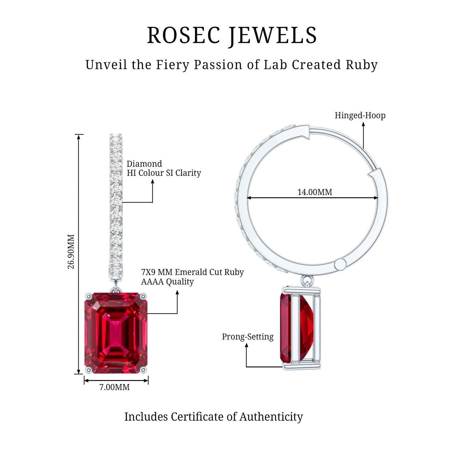 Emerald Cut Lab Created Ruby and Diamond Hoop Drop Earrings