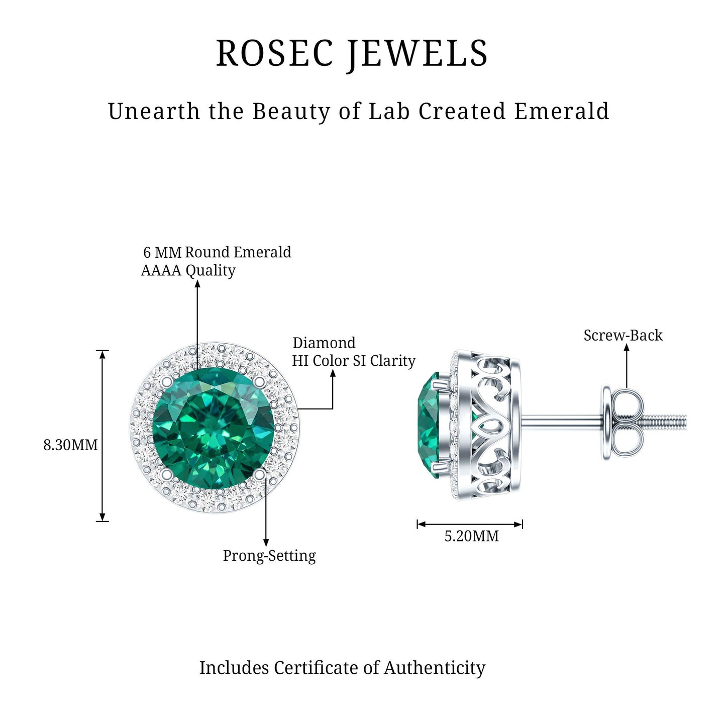 Created Emerald and Diamond Classic Halo Stud Earrings