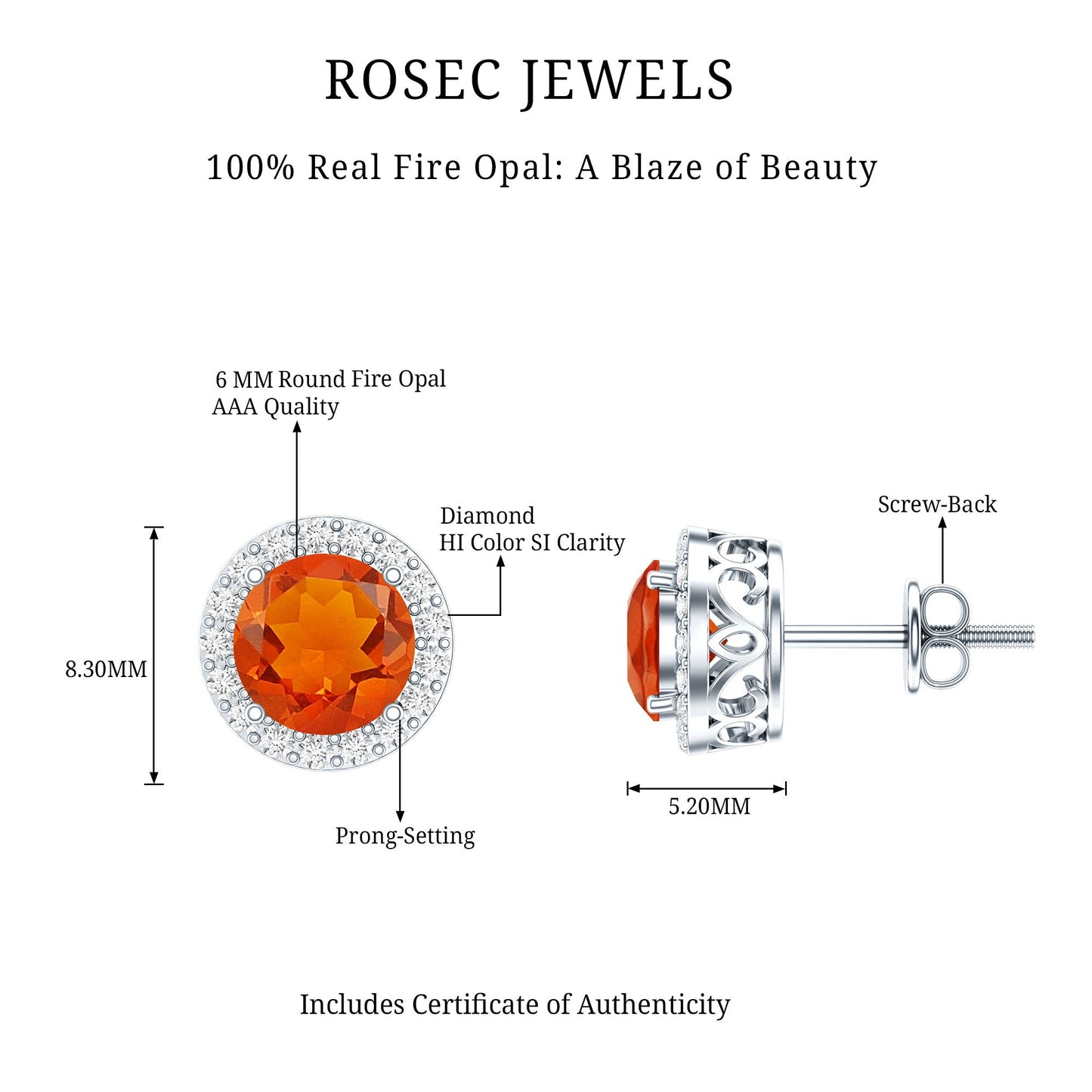 Round Fire Opal Minimal Halo Stud Earrings with Diamond