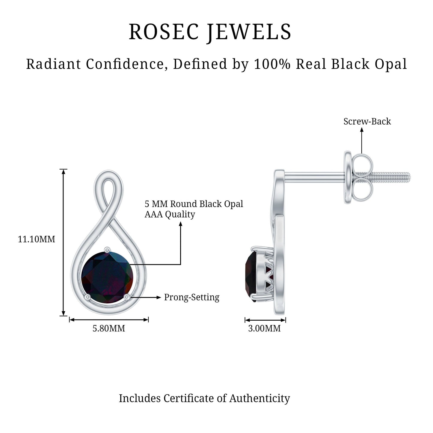 Natural Black Opal Infinity Earrings with Screw Back