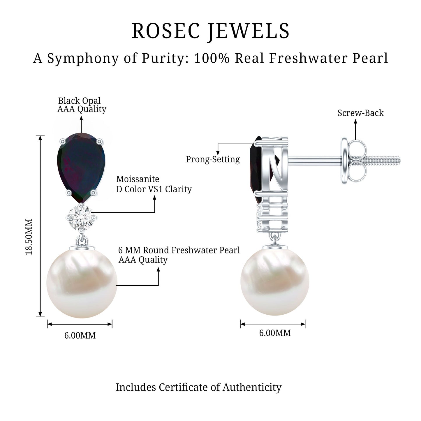 Pear Cut Black Opal and Freshwater Pearl Drop Earrings with Moissanite