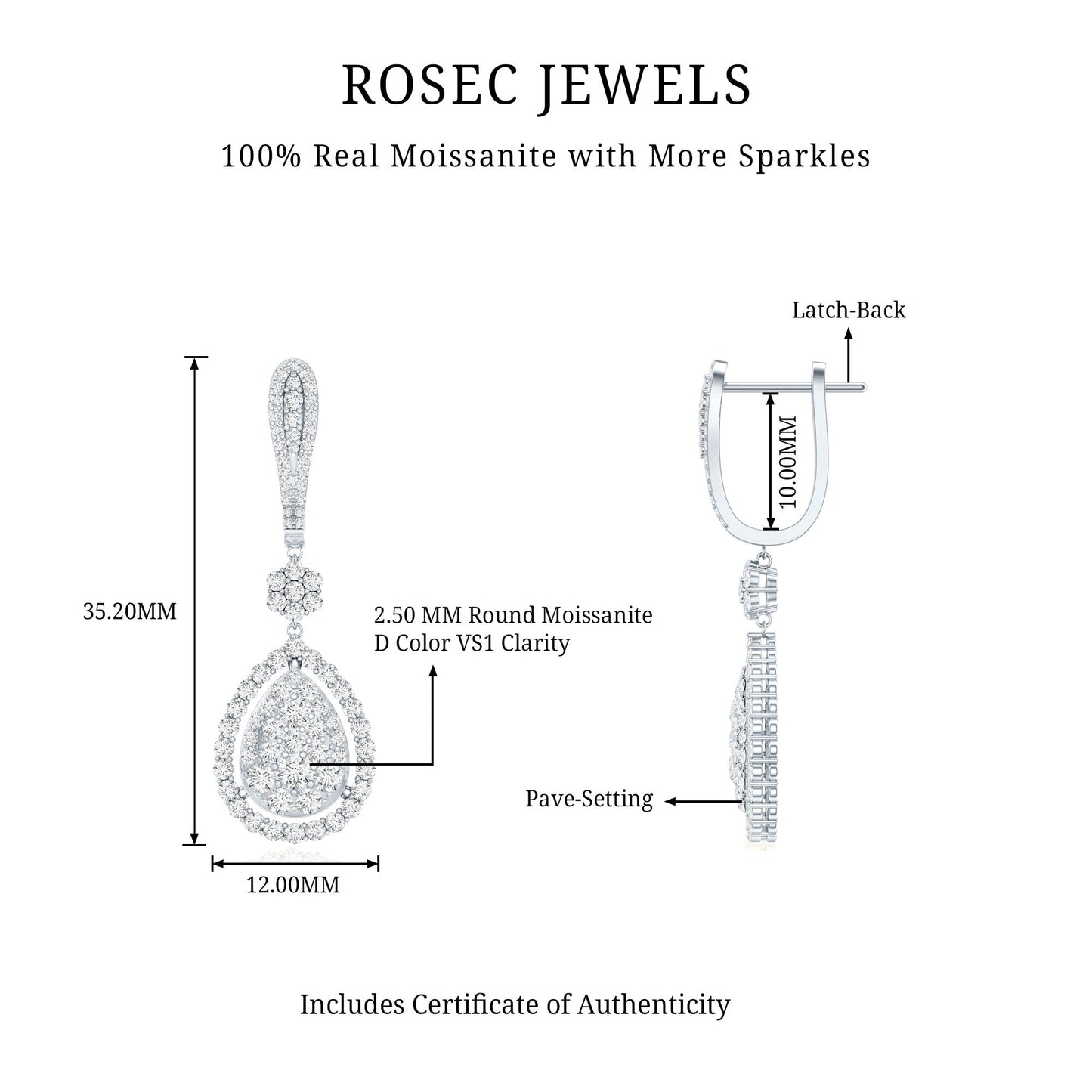 Certified Moissanite Bridal Drop Earrings For Wedding