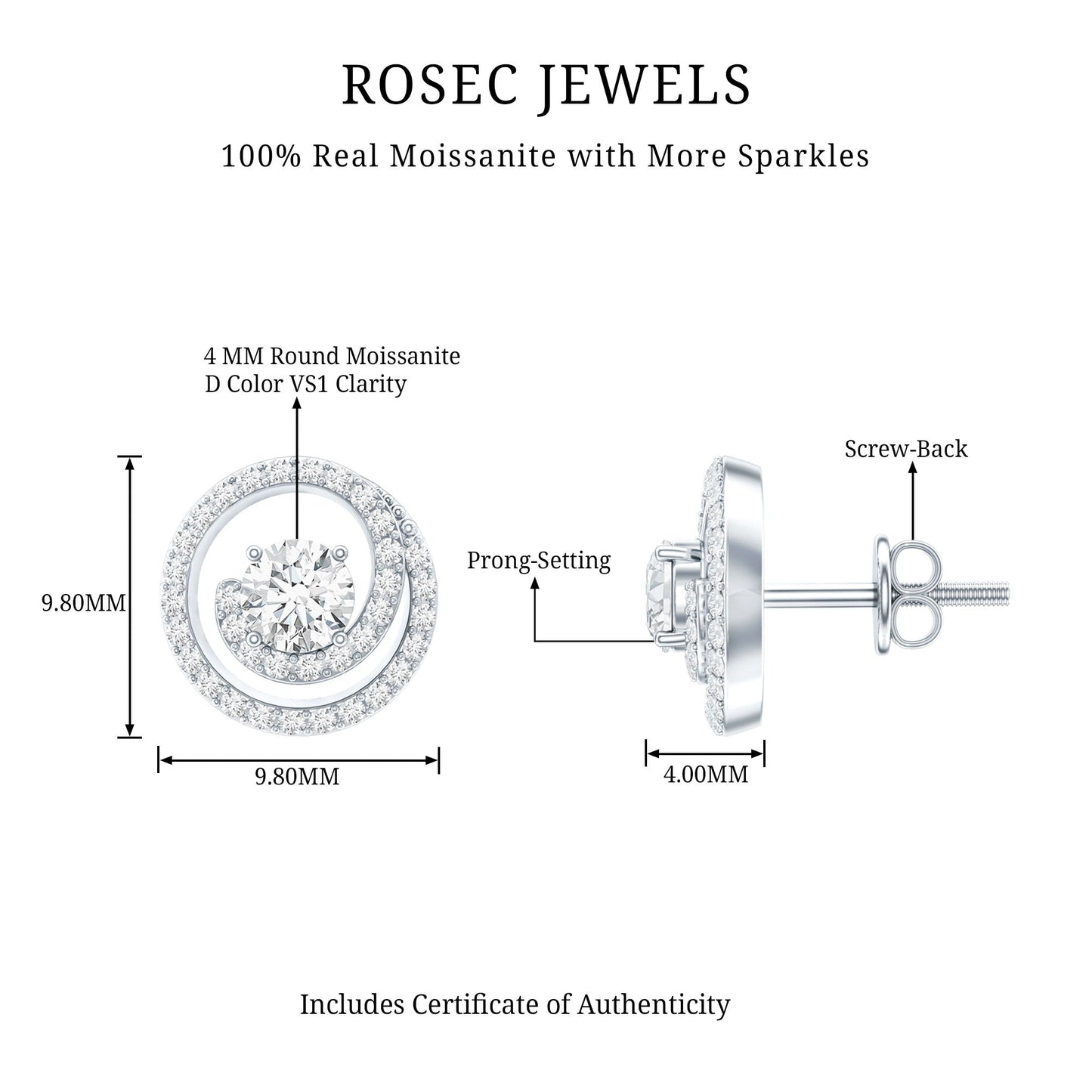 Certified Moissanite Swirl Earrings with Screw Back