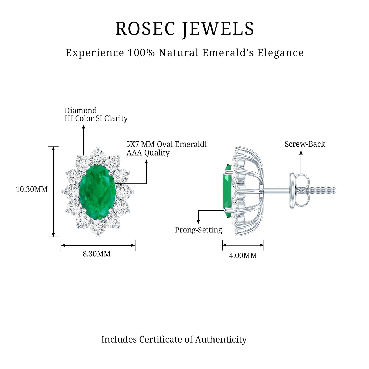 Oval Cut Natural Emerald Stud Earrings with Diamond Halo