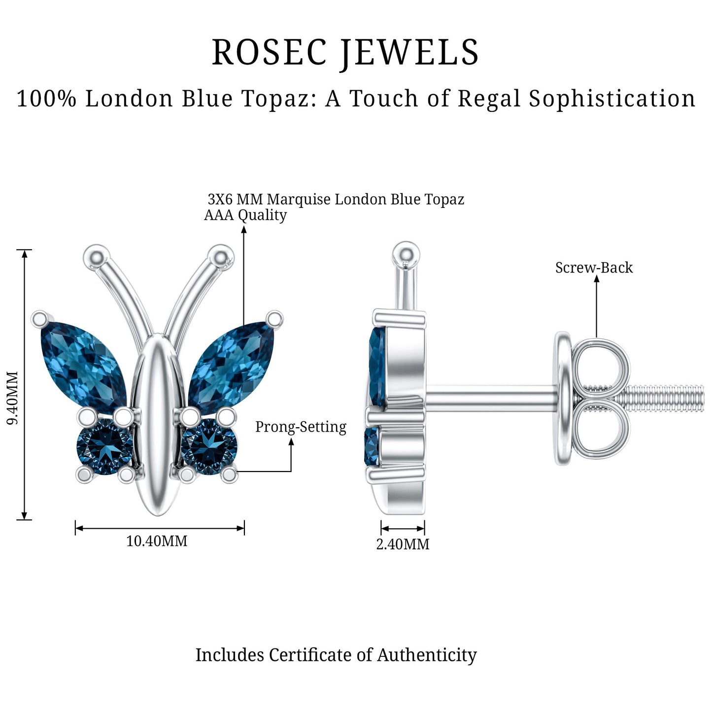 Butterfly Stud Earrings with London Blue Topaz